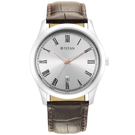 Titan Trendsetters Silver White Dial Analog Leather Strap watch for Men