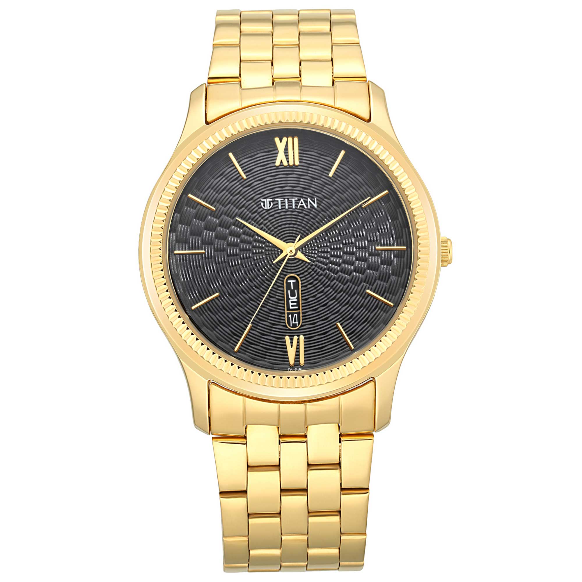 Titan Quartz Analog with Day and Date Black Dial Metal Strap Watch