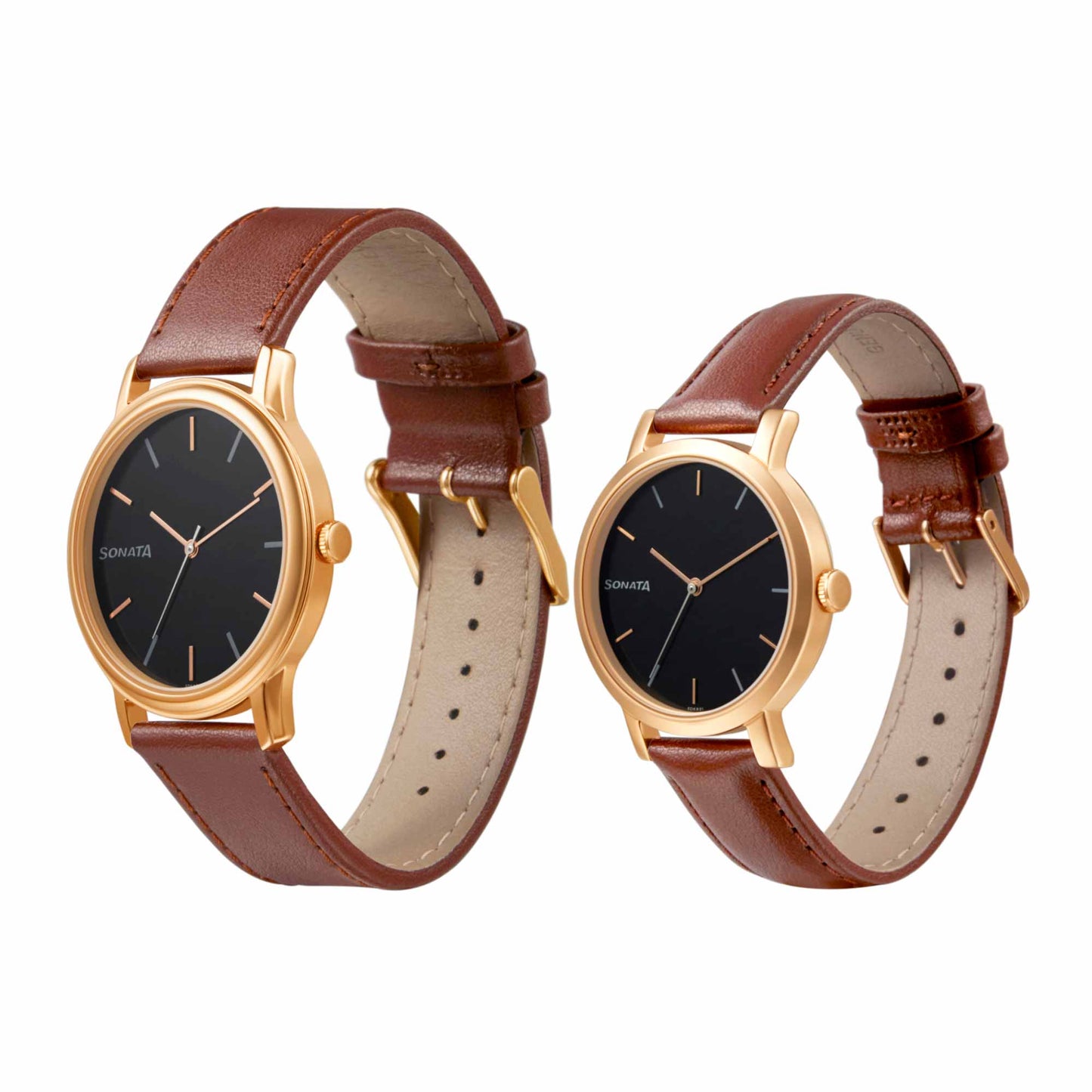 Sonata Quartz Analog Black Dial Leather Strap Watch for Couple