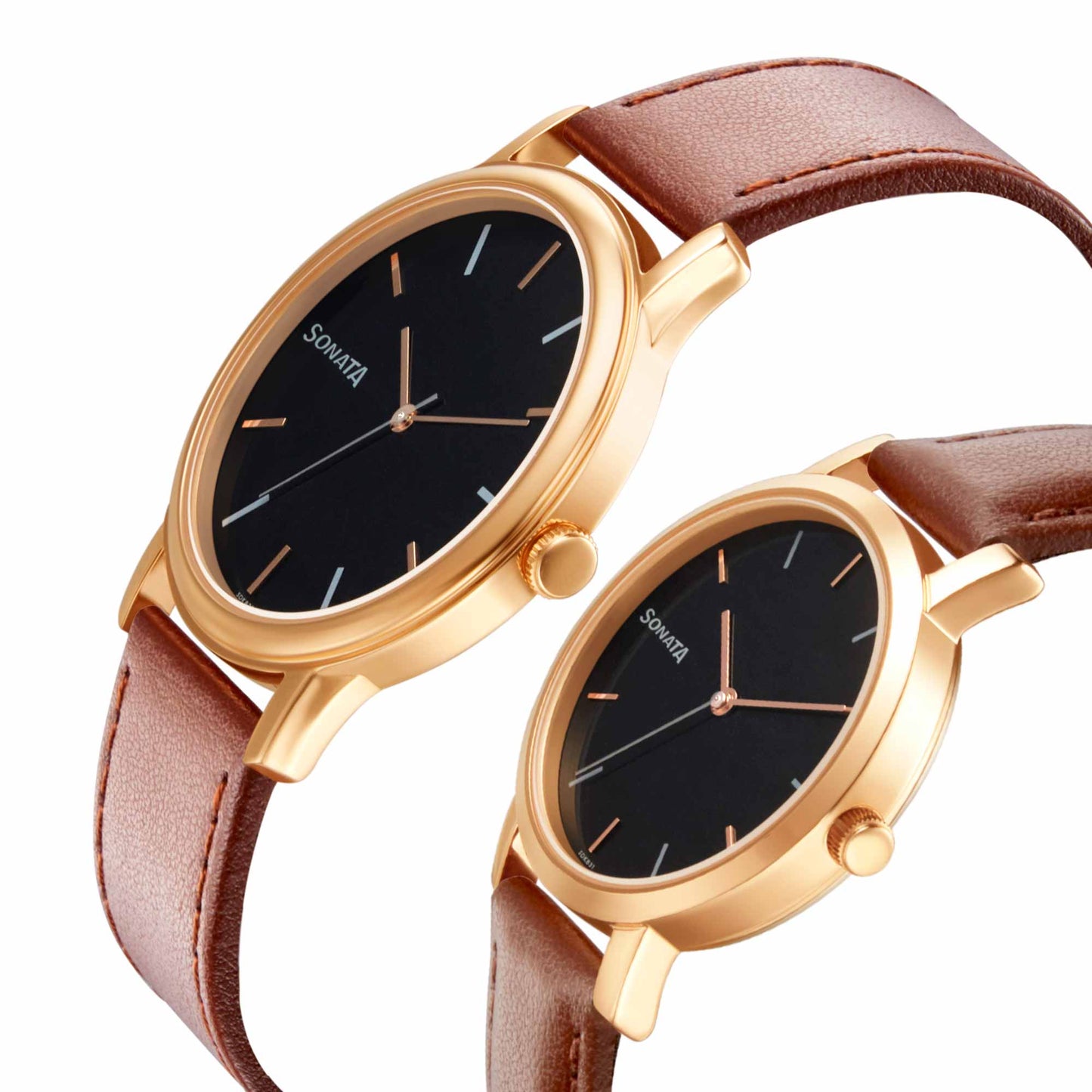 Sonata Quartz Analog Black Dial Leather Strap Watch for Couple