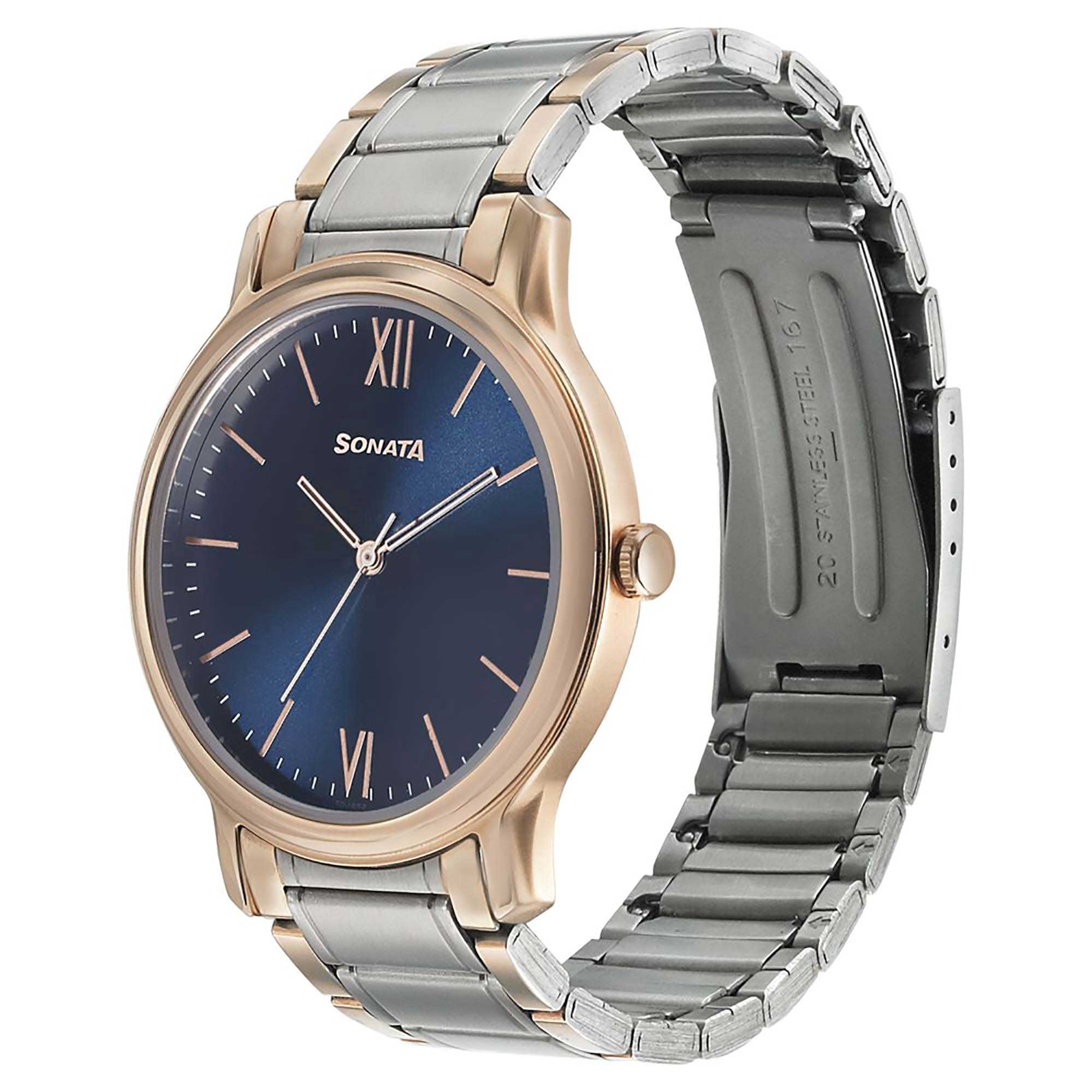 Sonata Quartz Analog Blue Dial Metal Strap Watch for Men