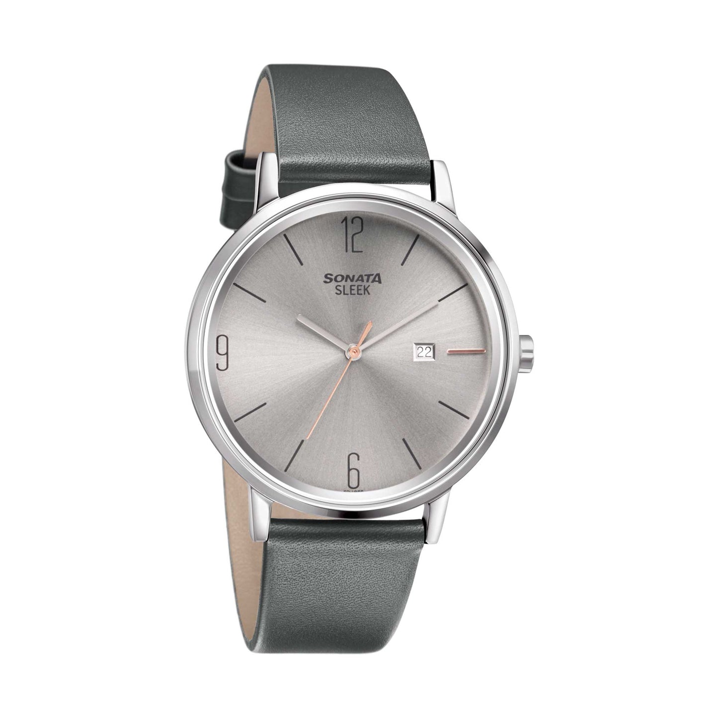 Sonata Quartz Analog with Date Grey Dial Leather Strap Watch for Men