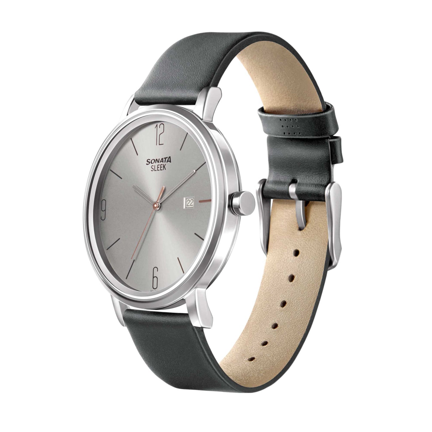 Sonata Quartz Analog with Date Grey Dial Leather Strap Watch for Men