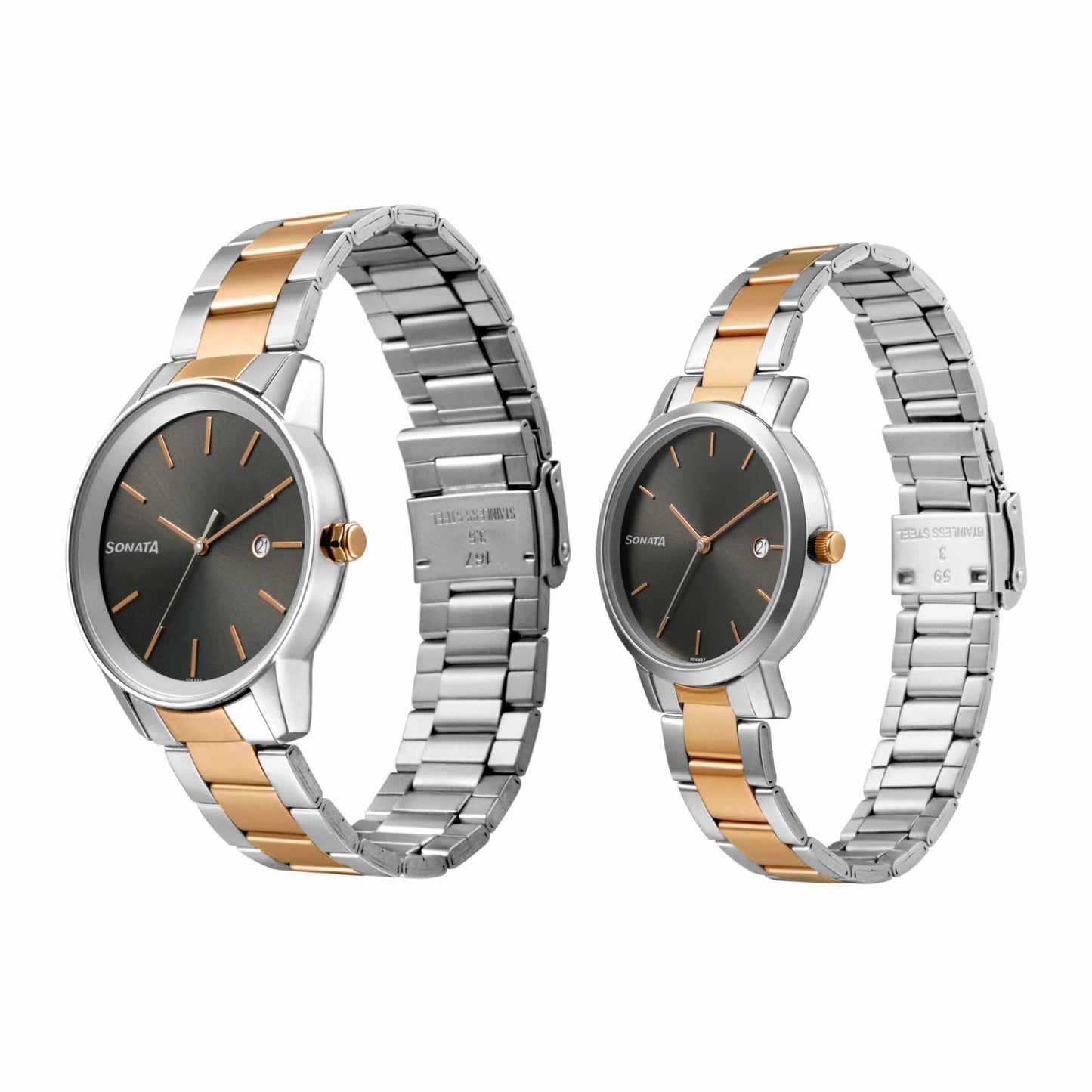 Sonata Quartz Analog with Date Black Dial Metal Strap Watch for Couple