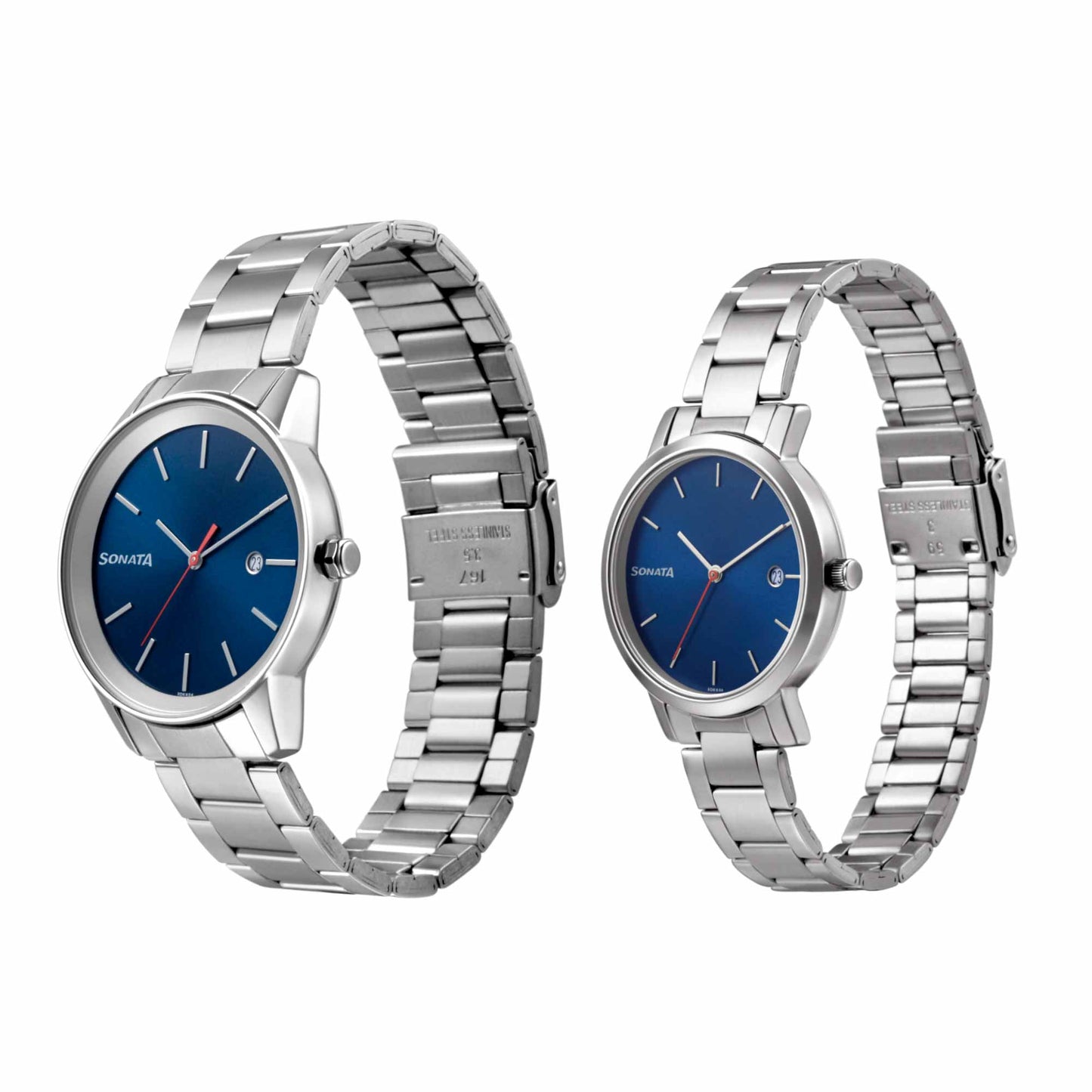 Sonata Quartz Analog with Date Blue Dial Metal Strap Watch for Couple