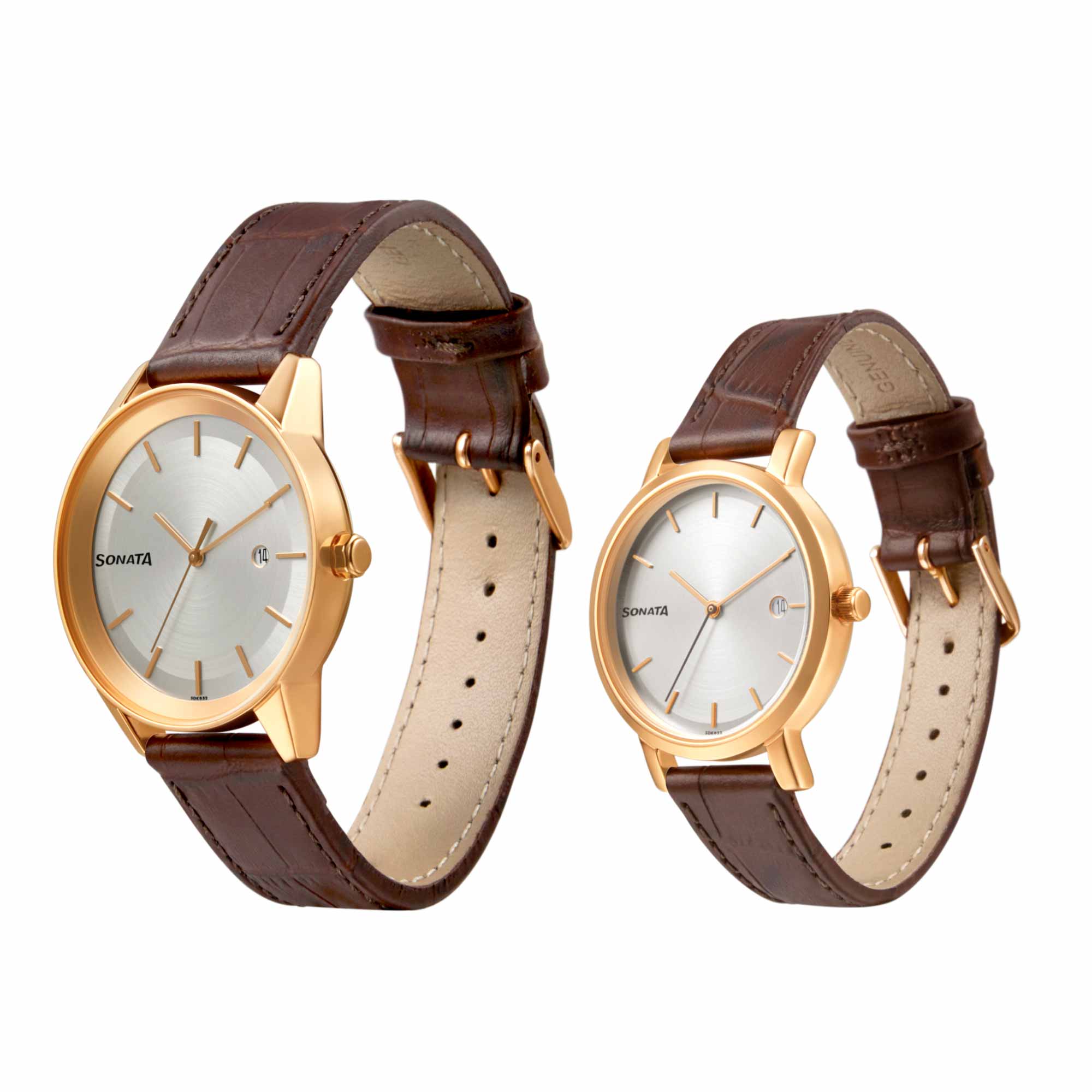 Sonata Quartz Analog with Date White Dial Leather Strap Watch for Couple