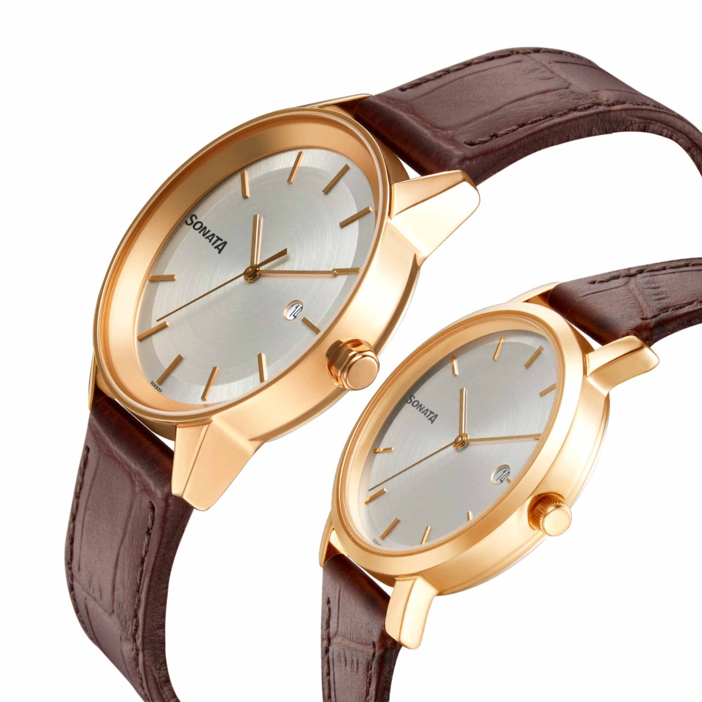 Sonata Quartz Analog with Date White Dial Leather Strap Watch for Couple