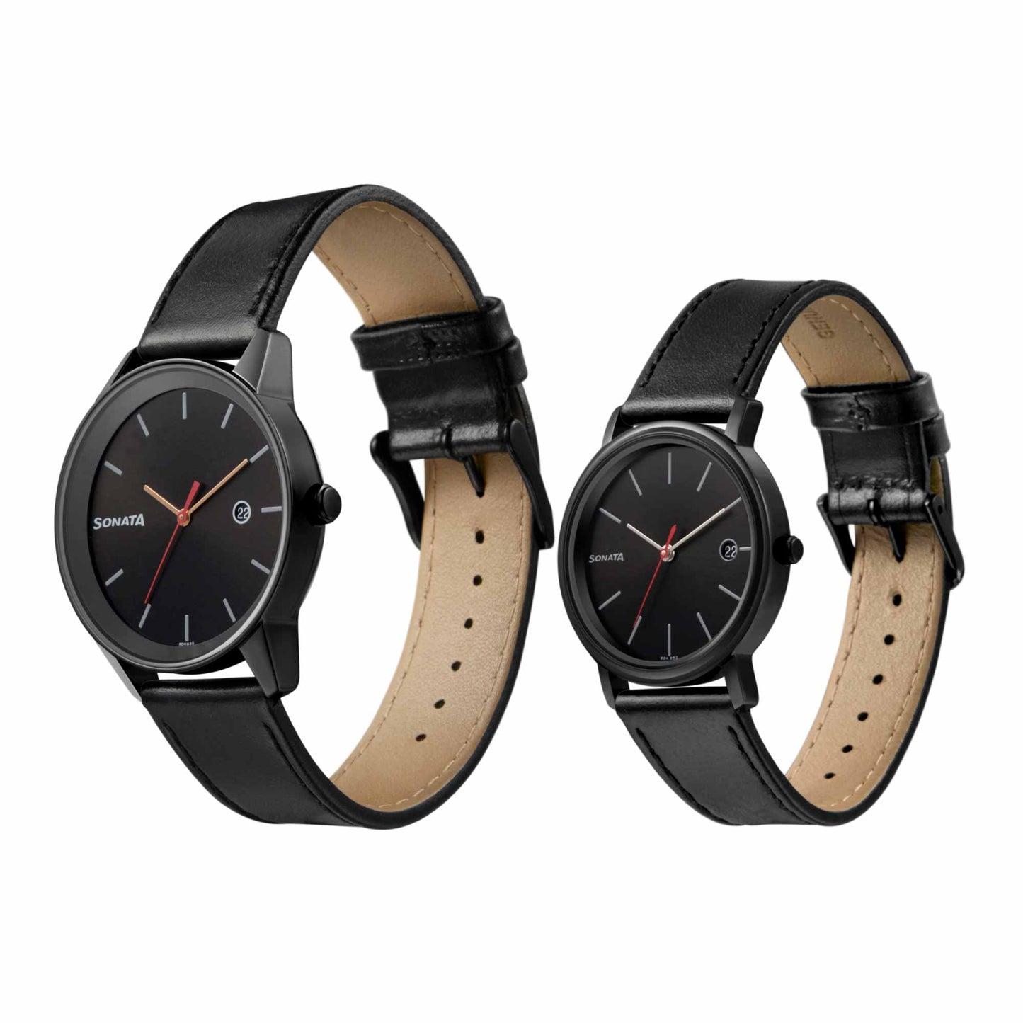 Sonata Quartz Analog with Date Black Dial Leather Strap Watch for Couple