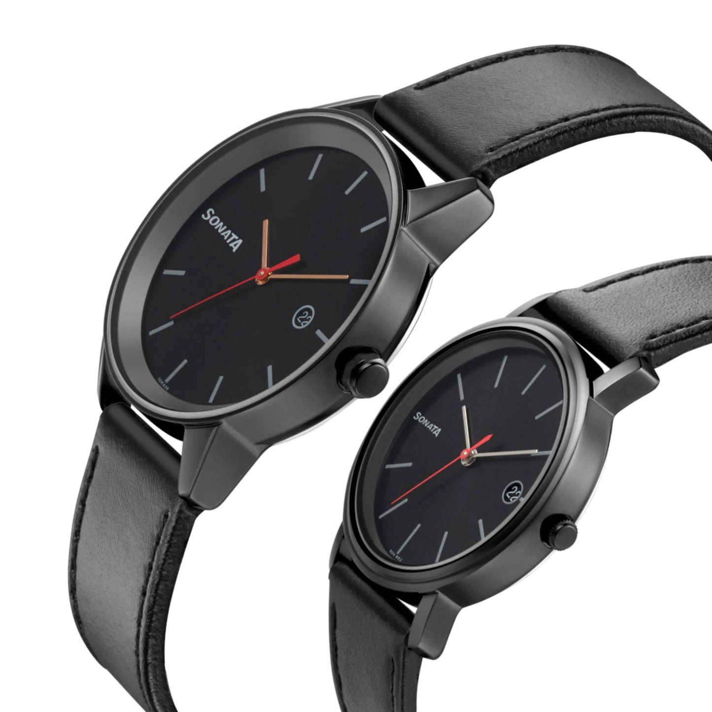 Sonata Quartz Analog with Date Black Dial Leather Strap Watch for Couple