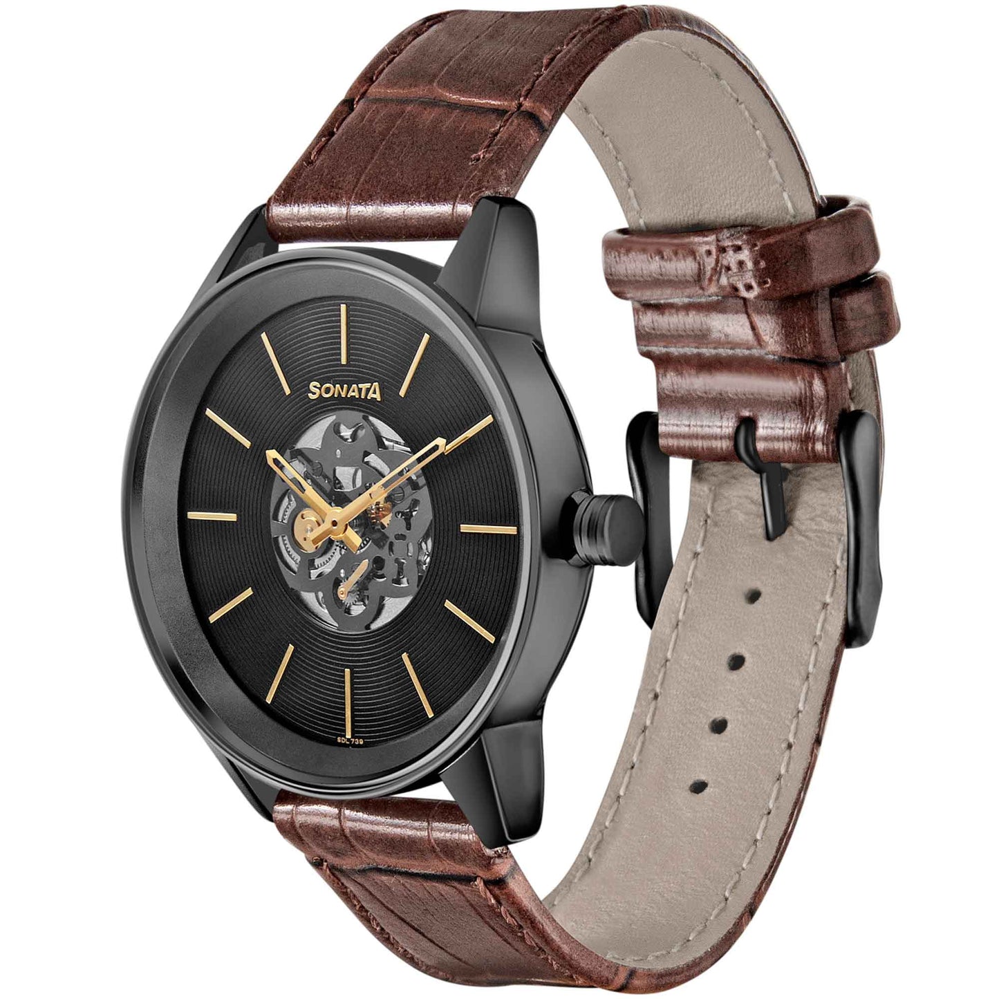 Sonata Quartz Multifunction Black Dial Leather Strap Watch for Men