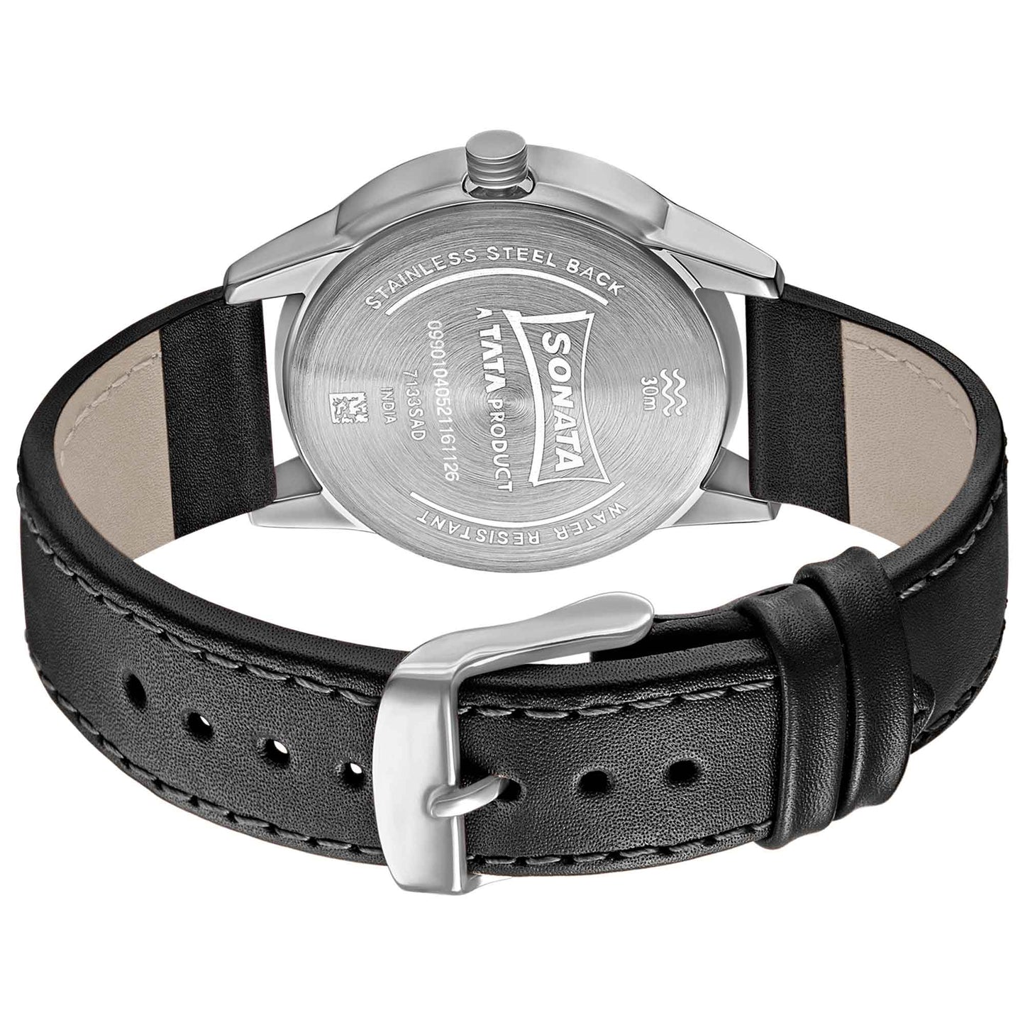Sonata Quartz Multifunction Black Dial Leather Strap Watch for Men
