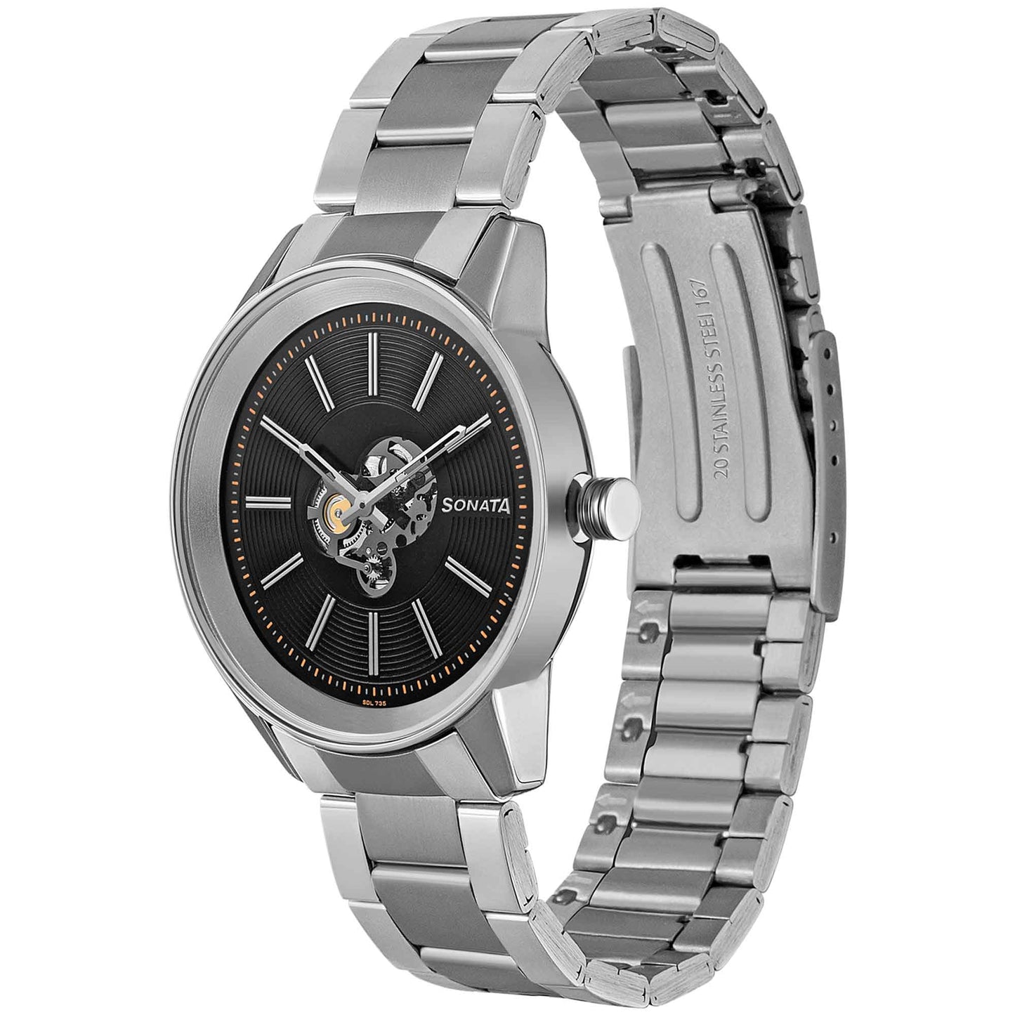 Sonata Quartz Multifunction Black Dial Stainless Steel Strap Watch for Men