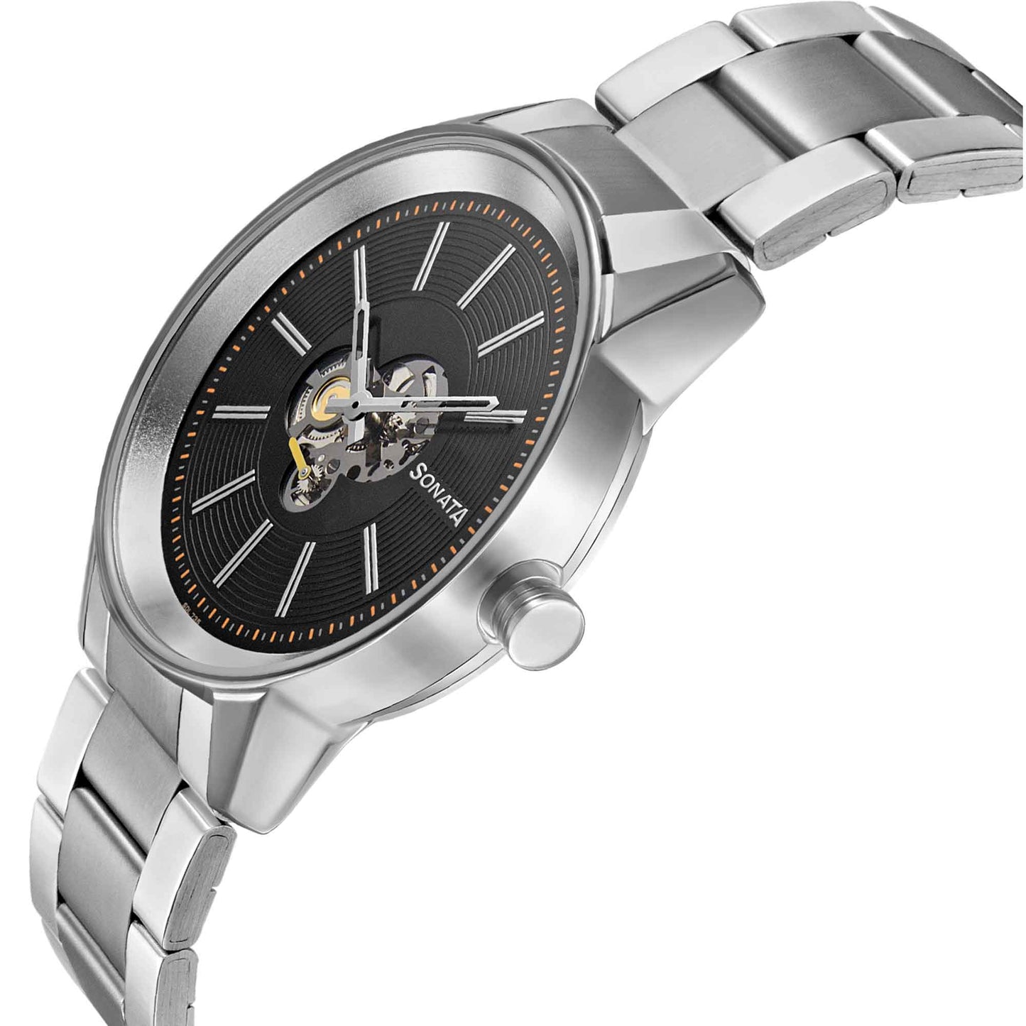 Sonata Quartz Multifunction Black Dial Stainless Steel Strap Watch for Men