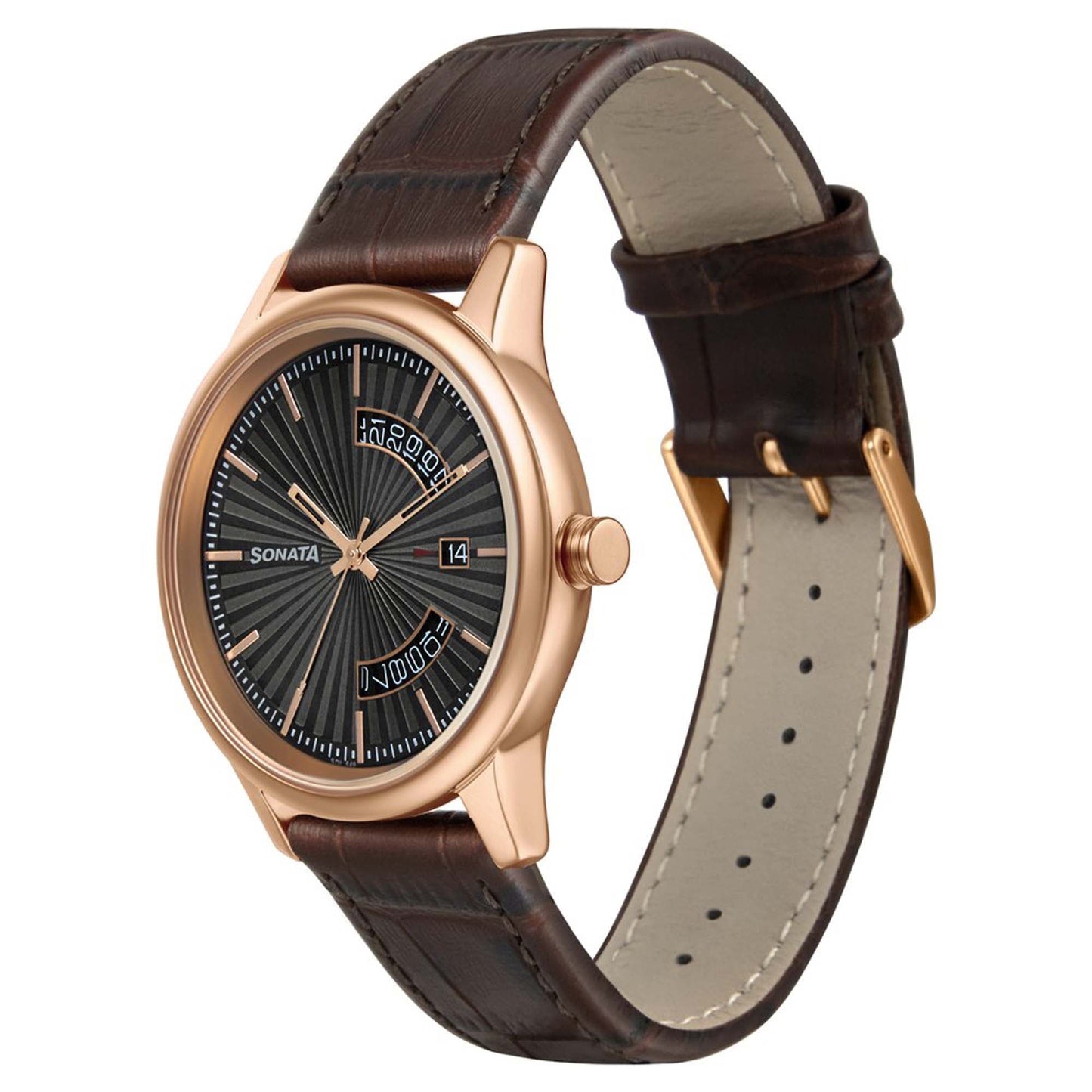 Sonata Quartz Analog with Date Leather Strap Watch for Men