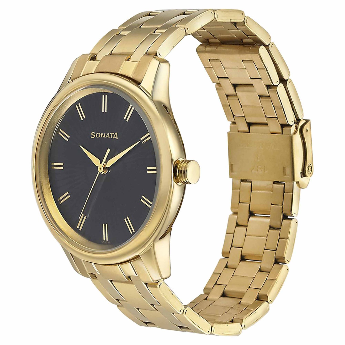 Sonata Quartz Analog Black Dial Metal Strap Watch for Men