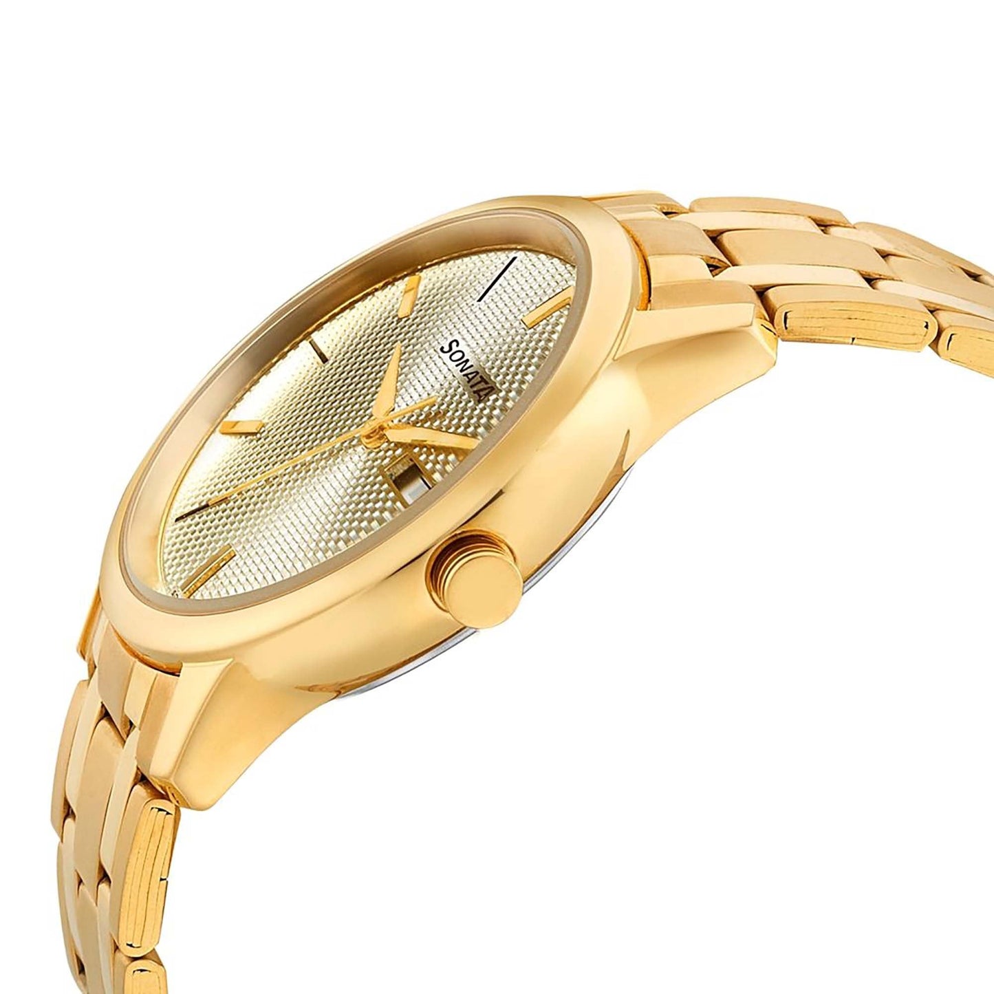 Sonata Quartz Analog with Day and Date Champagne Dial Metal Strap Watch for Men