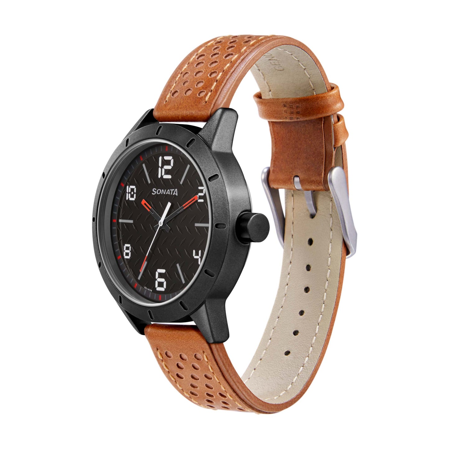 Sonata Quartz Analog Black Dial Leather Strap Watch for Men
