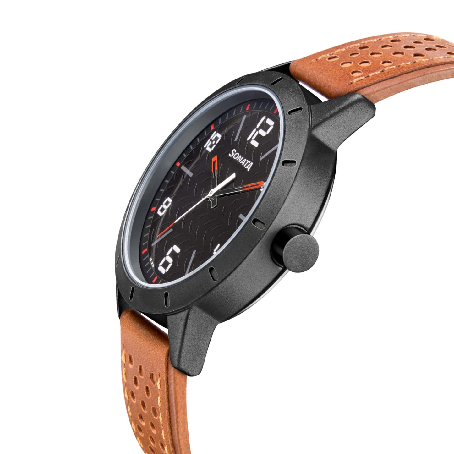Sonata Quartz Analog Black Dial Leather Strap Watch for Men