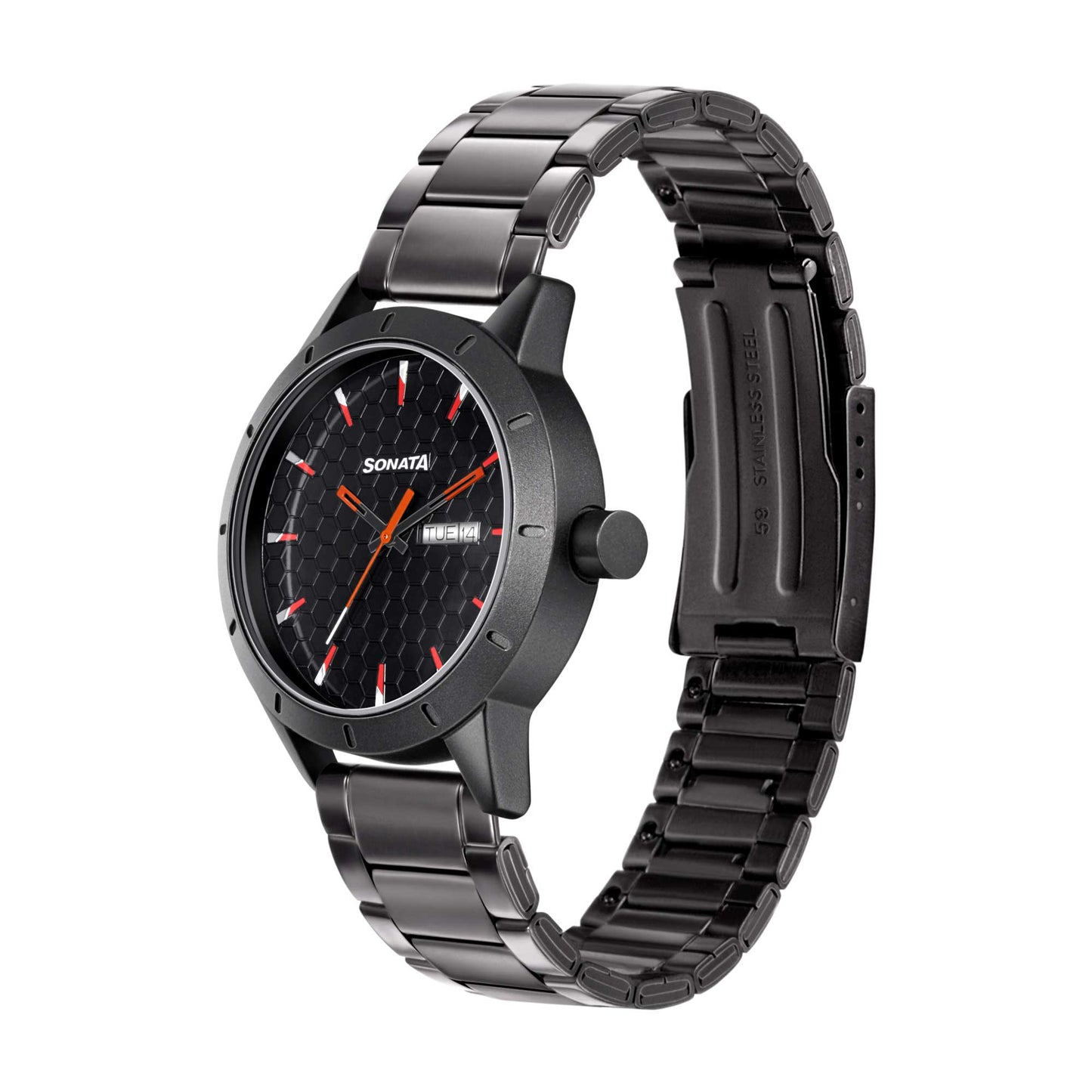 Sonata Quartz Analog with Day and Date Black Dial Metal Strap Watch for Men