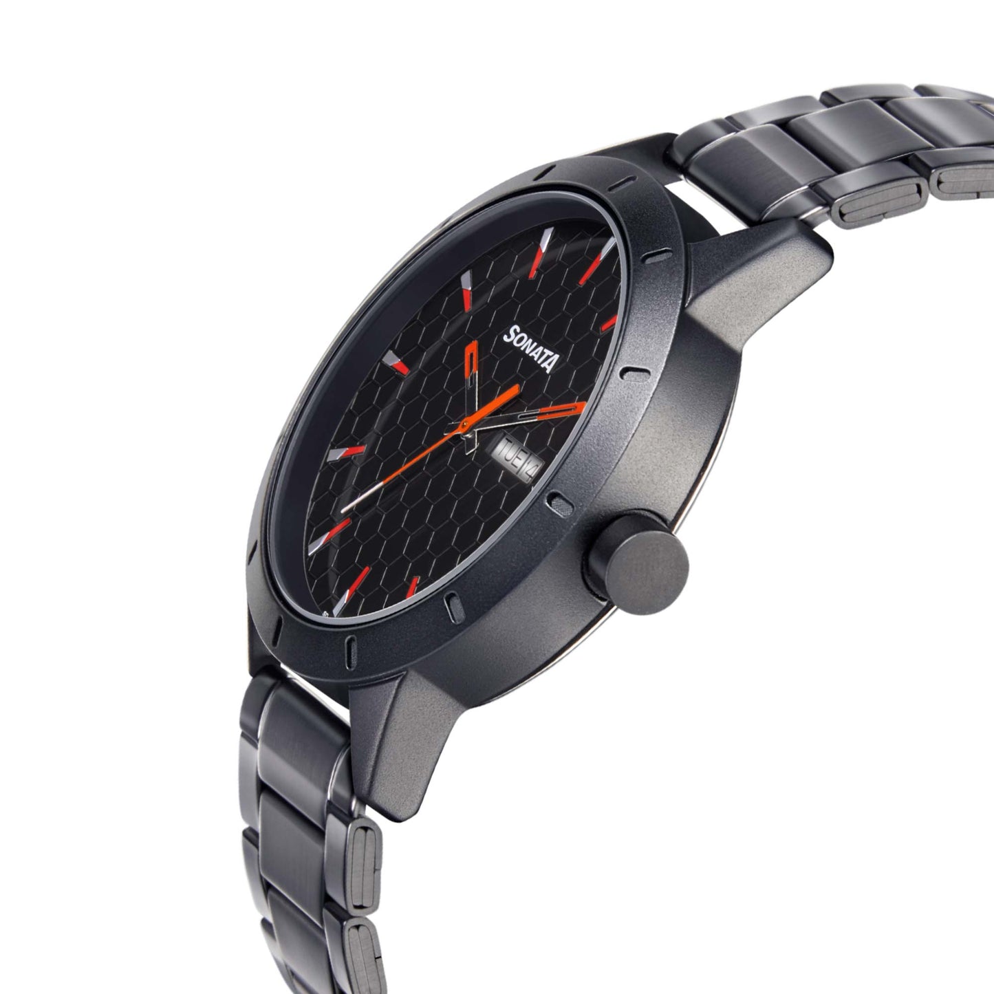 Sonata Quartz Analog with Day and Date Black Dial Metal Strap Watch for Men
