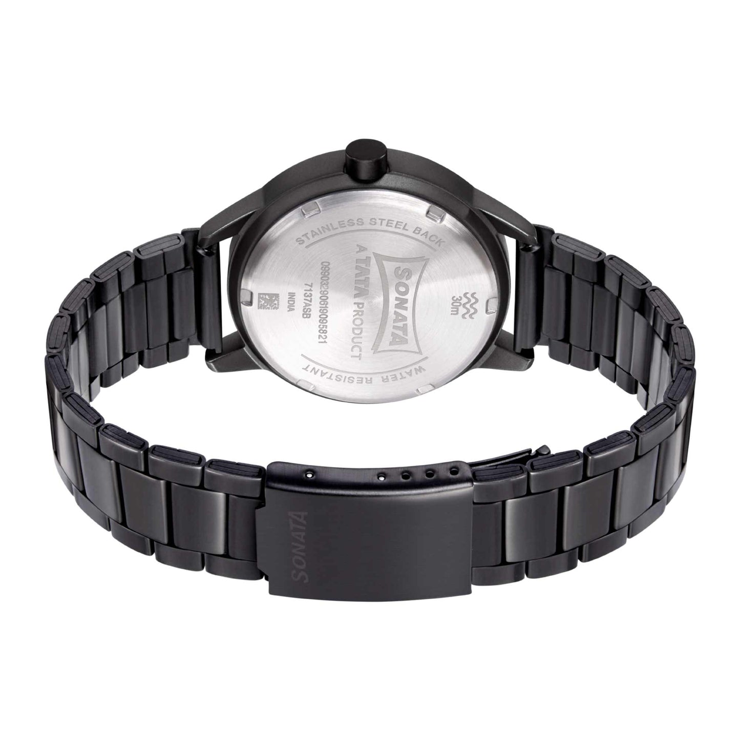 Sonata Quartz Analog with Day and Date Black Dial Metal Strap Watch for Men