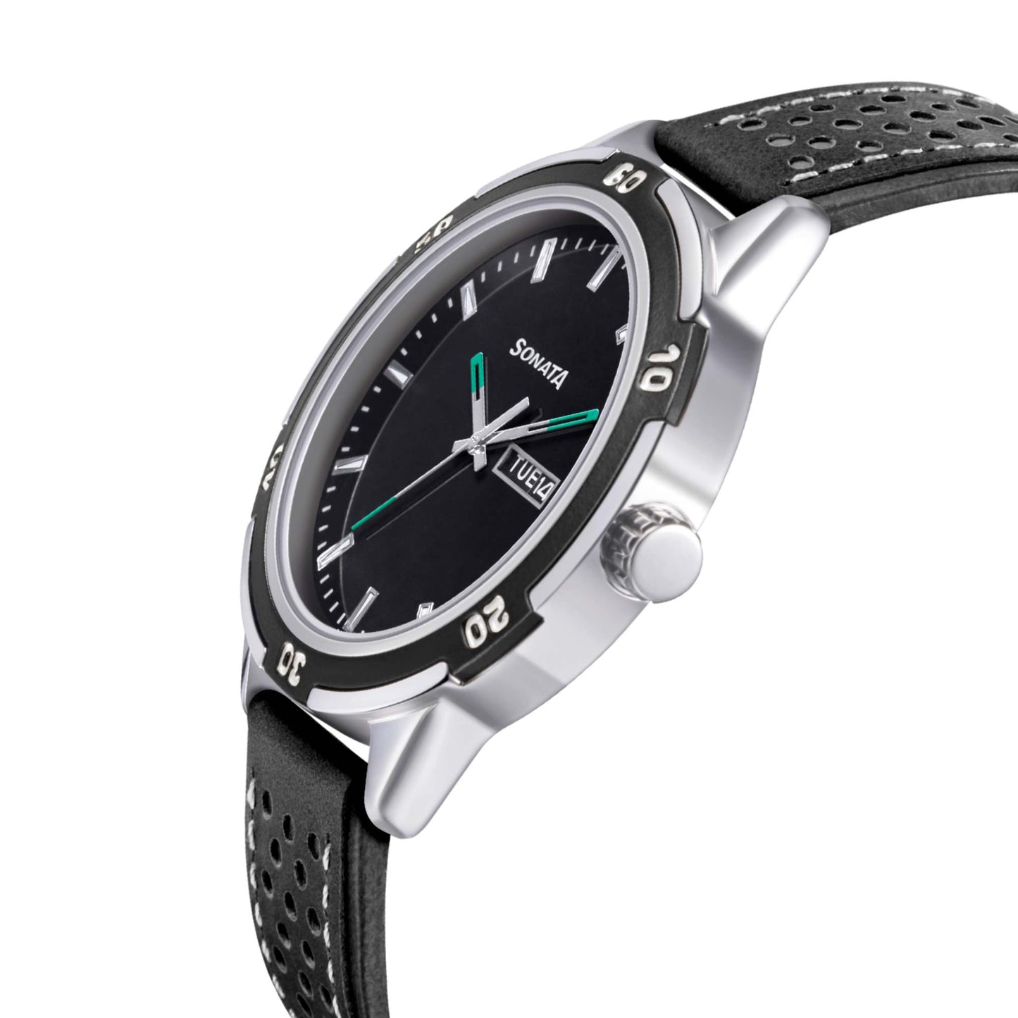 Sonata Quartz Analog with Day and Date Black Dial Leather Strap Watch for Men
