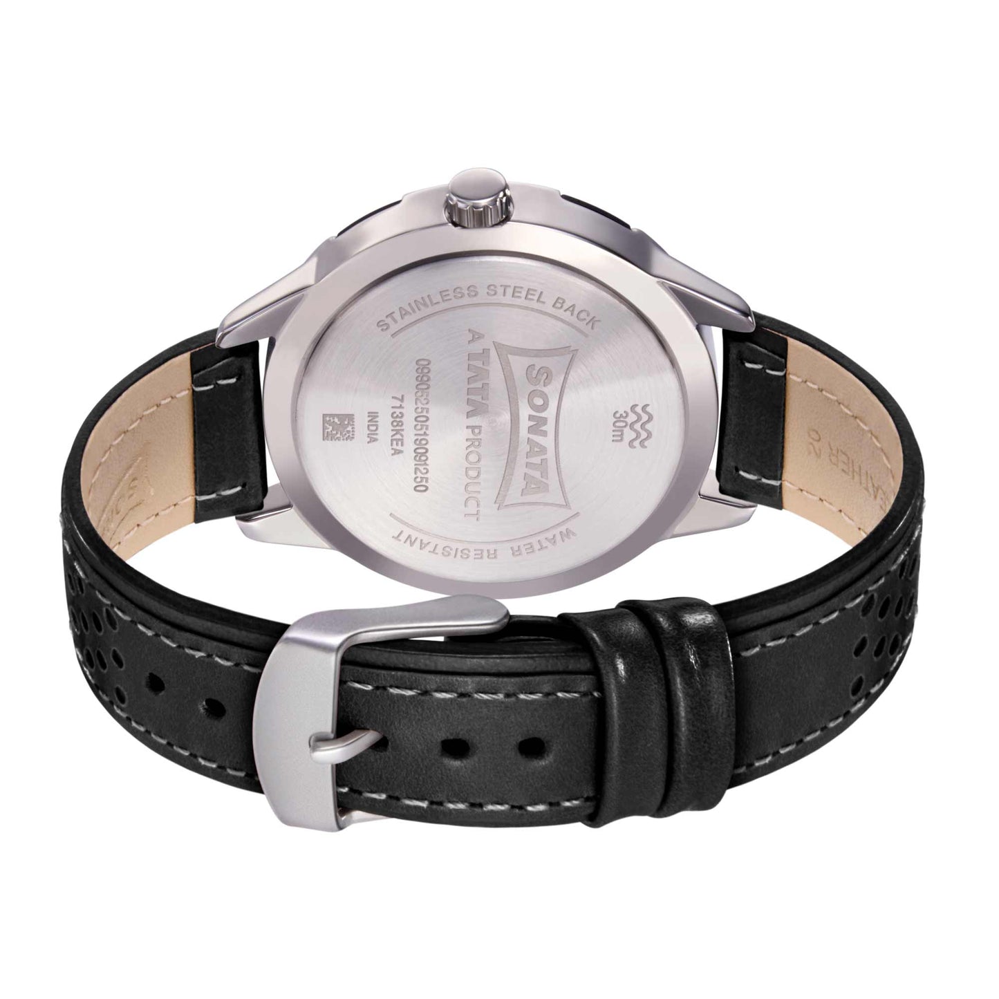 Sonata Quartz Analog with Day and Date Black Dial Leather Strap Watch for Men