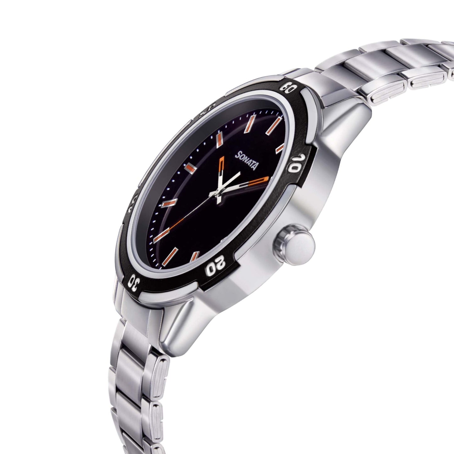 Sonata Quartz Analog Black Dial Metal Strap Watch for Men