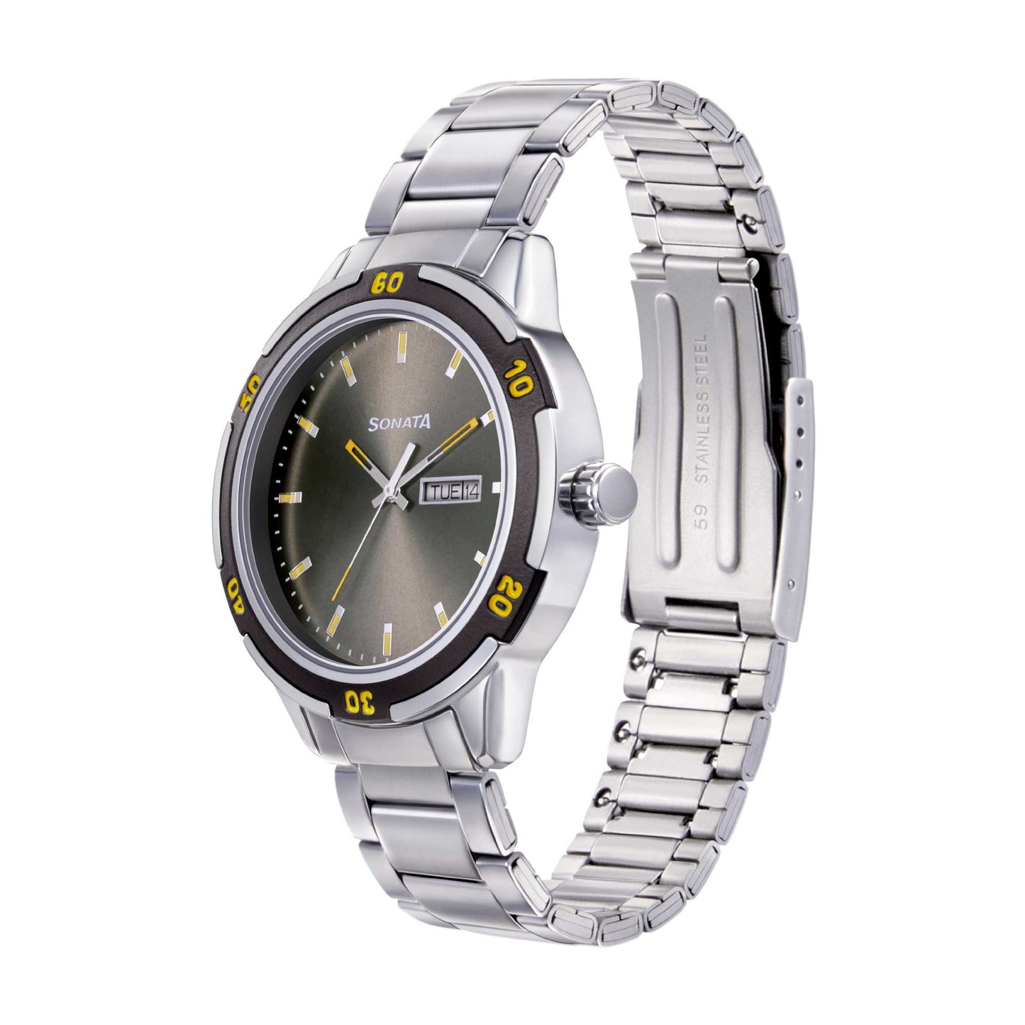 Sonata Quartz Analog with Day and Date Grey Dial Metal Strap Watch for Men