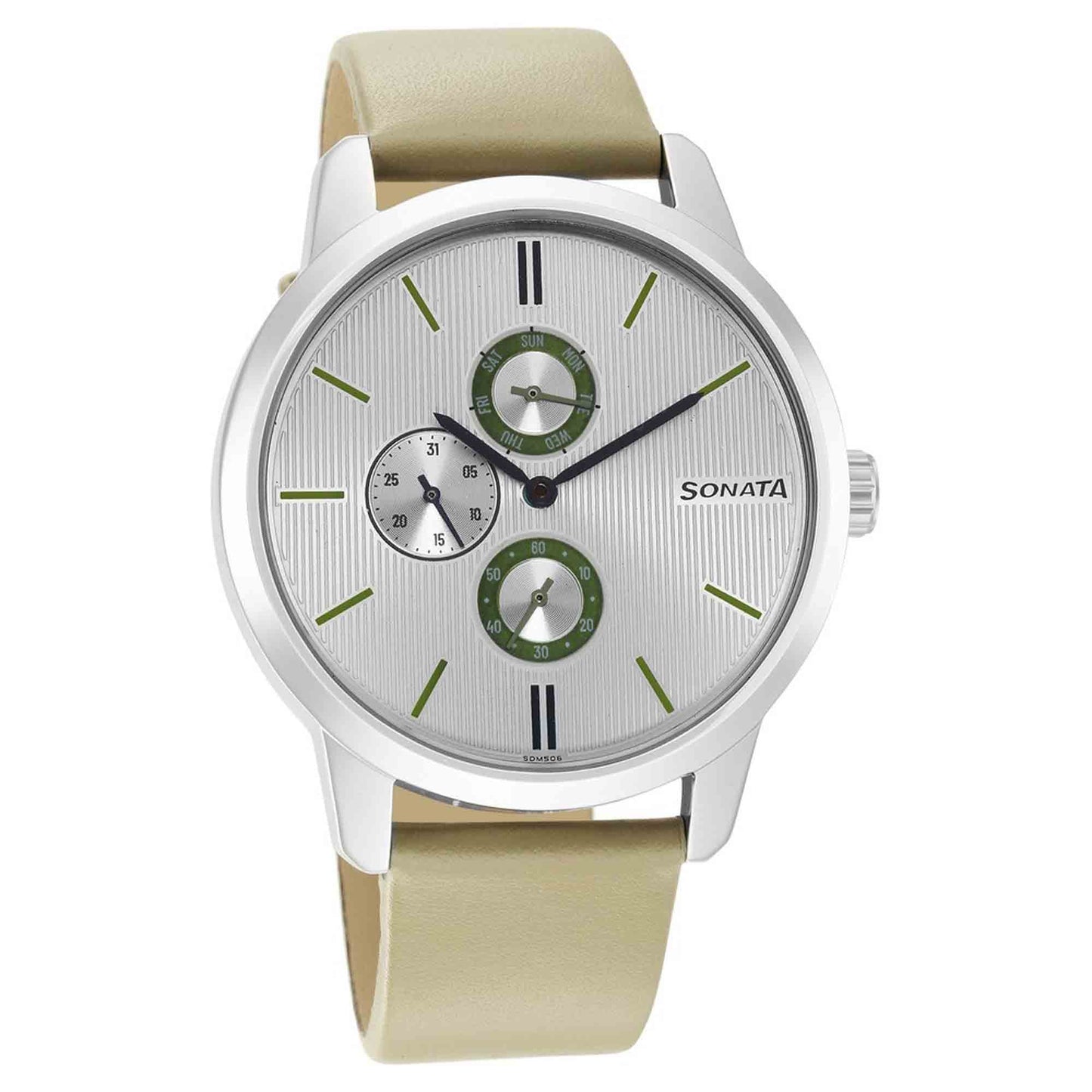 Sonata Quartz Multifunction Silver Dial Leather Strap Watch for Men