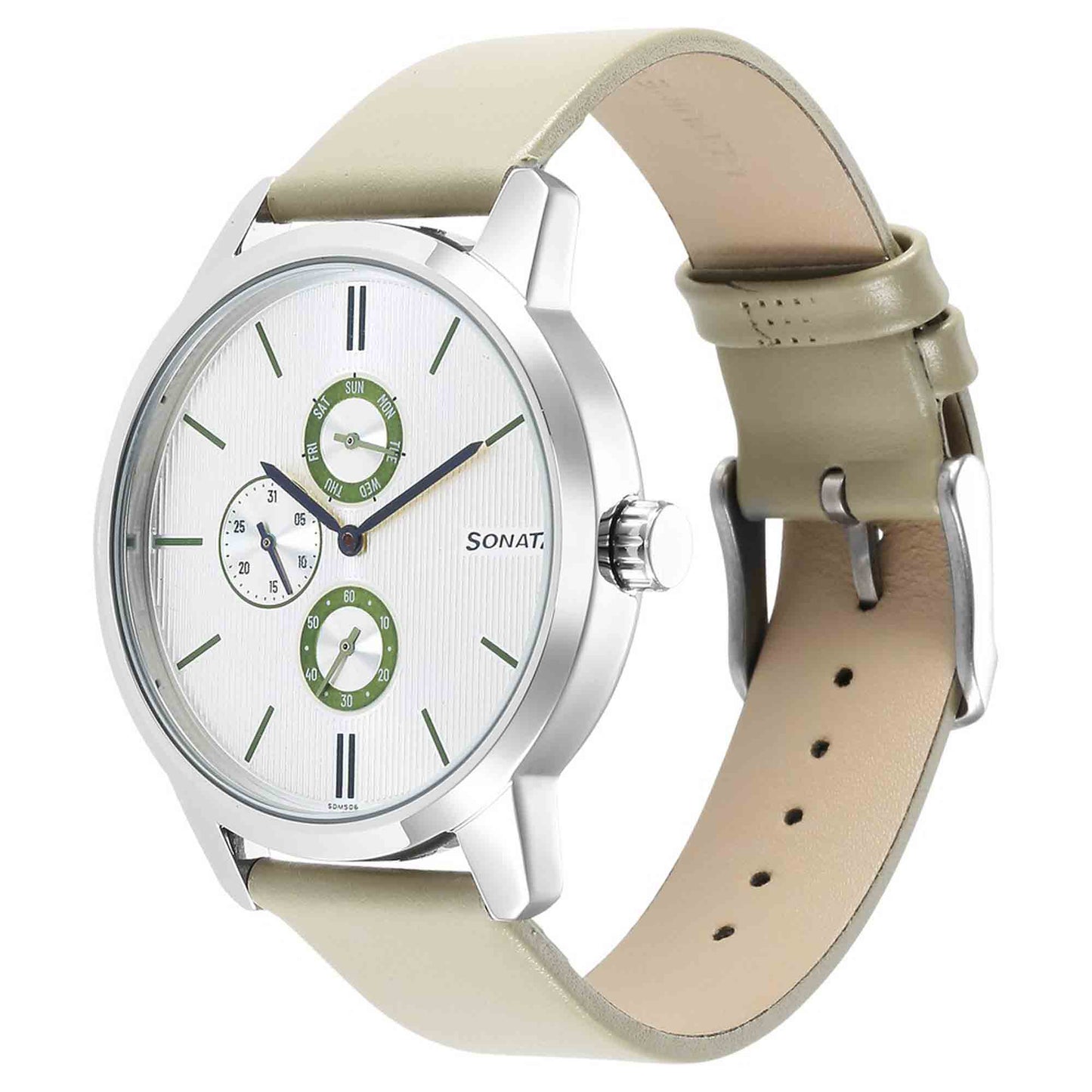 Sonata Quartz Multifunction Silver Dial Leather Strap Watch for Men