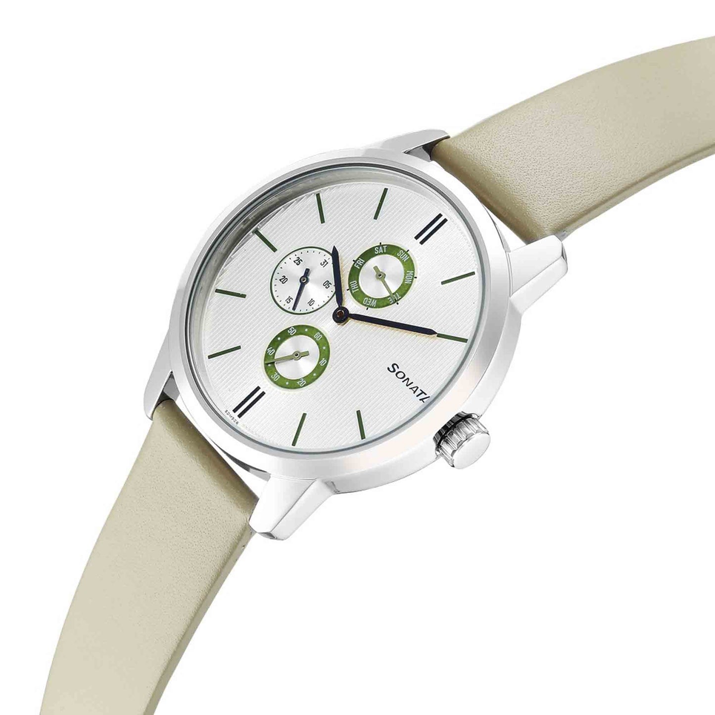 Sonata Quartz Multifunction Silver Dial Leather Strap Watch for Men