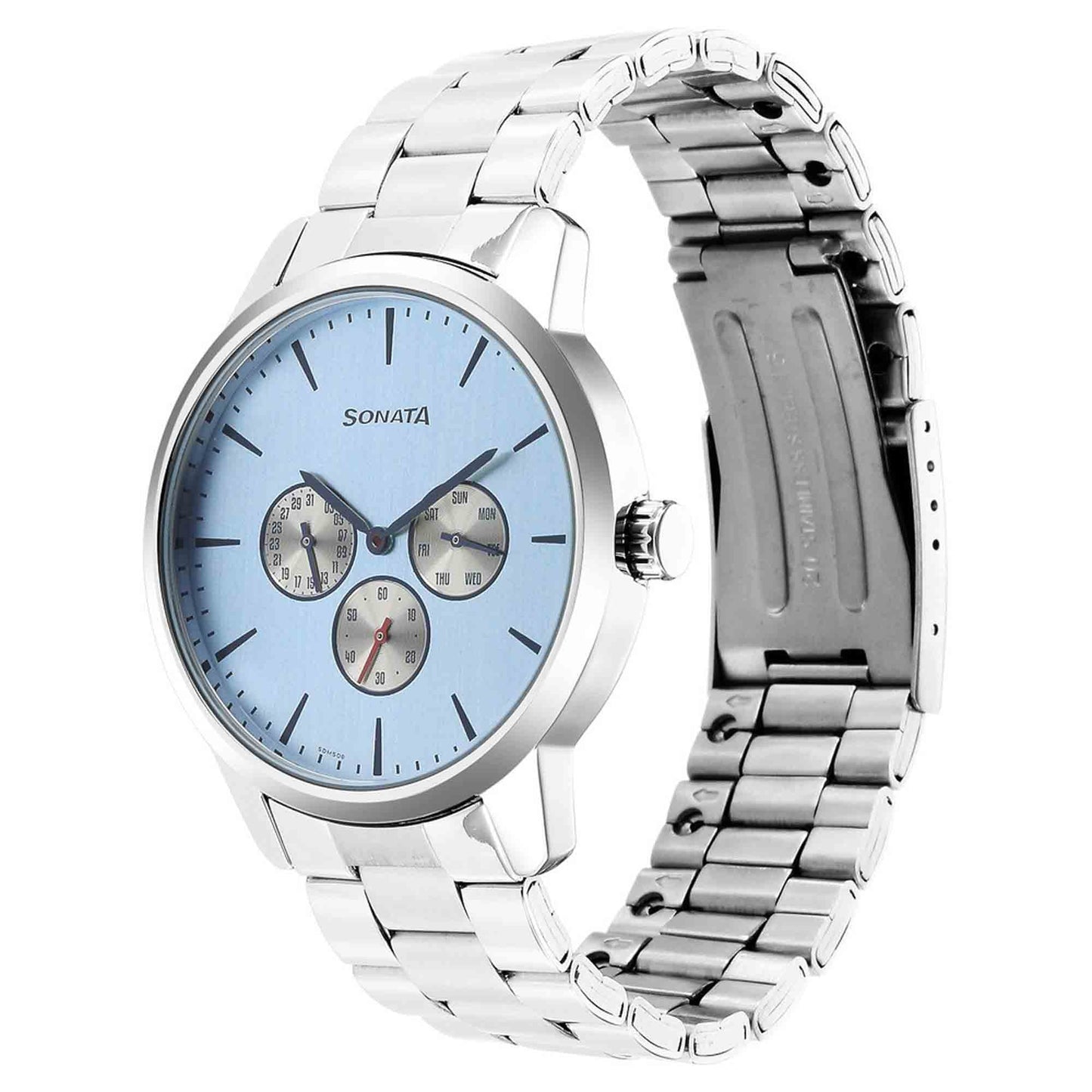 Sonata Quartz Multifunction Blue Dial Stainless Steel Strap Watch for Men