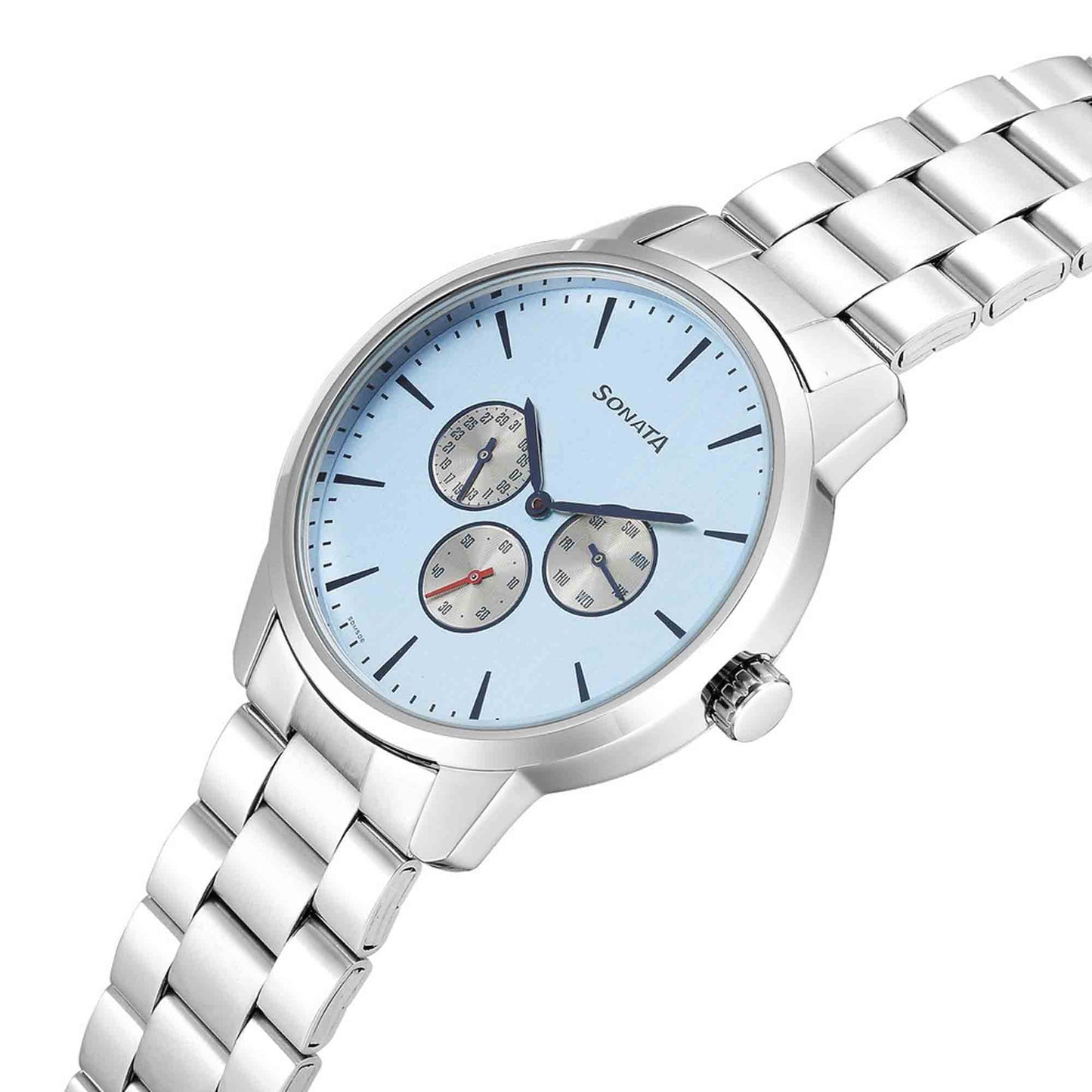 Sonata Quartz Multifunction Blue Dial Stainless Steel Strap Watch for Men