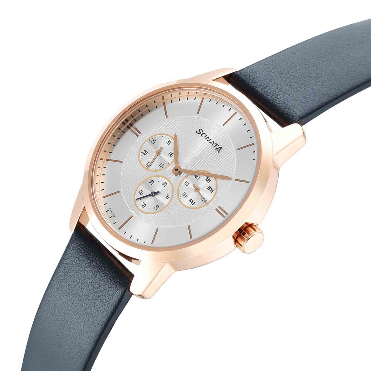 Sonata Quartz Multifunction Silver Dial Leather Strap Watch for Men