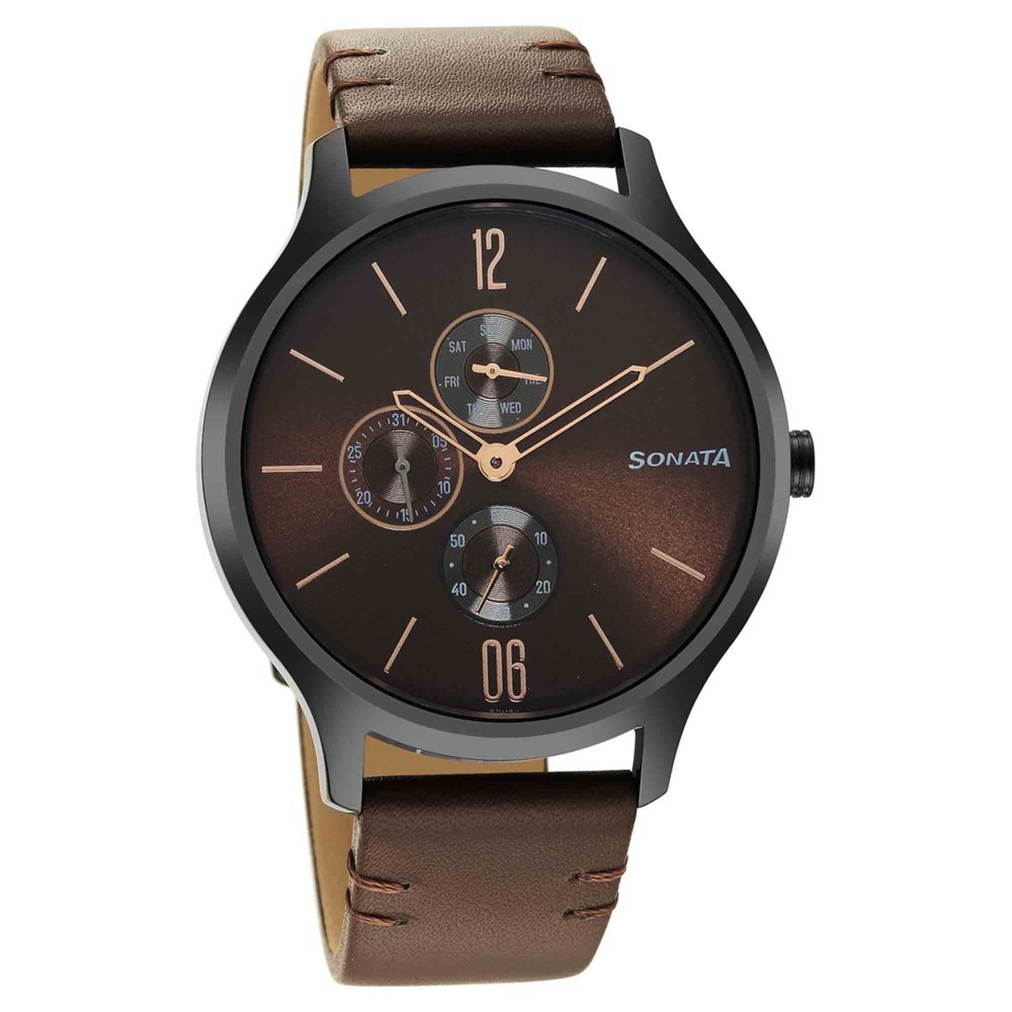 Sonata Quartz Multifunction Brown Dial Leather Strap Watch for Men