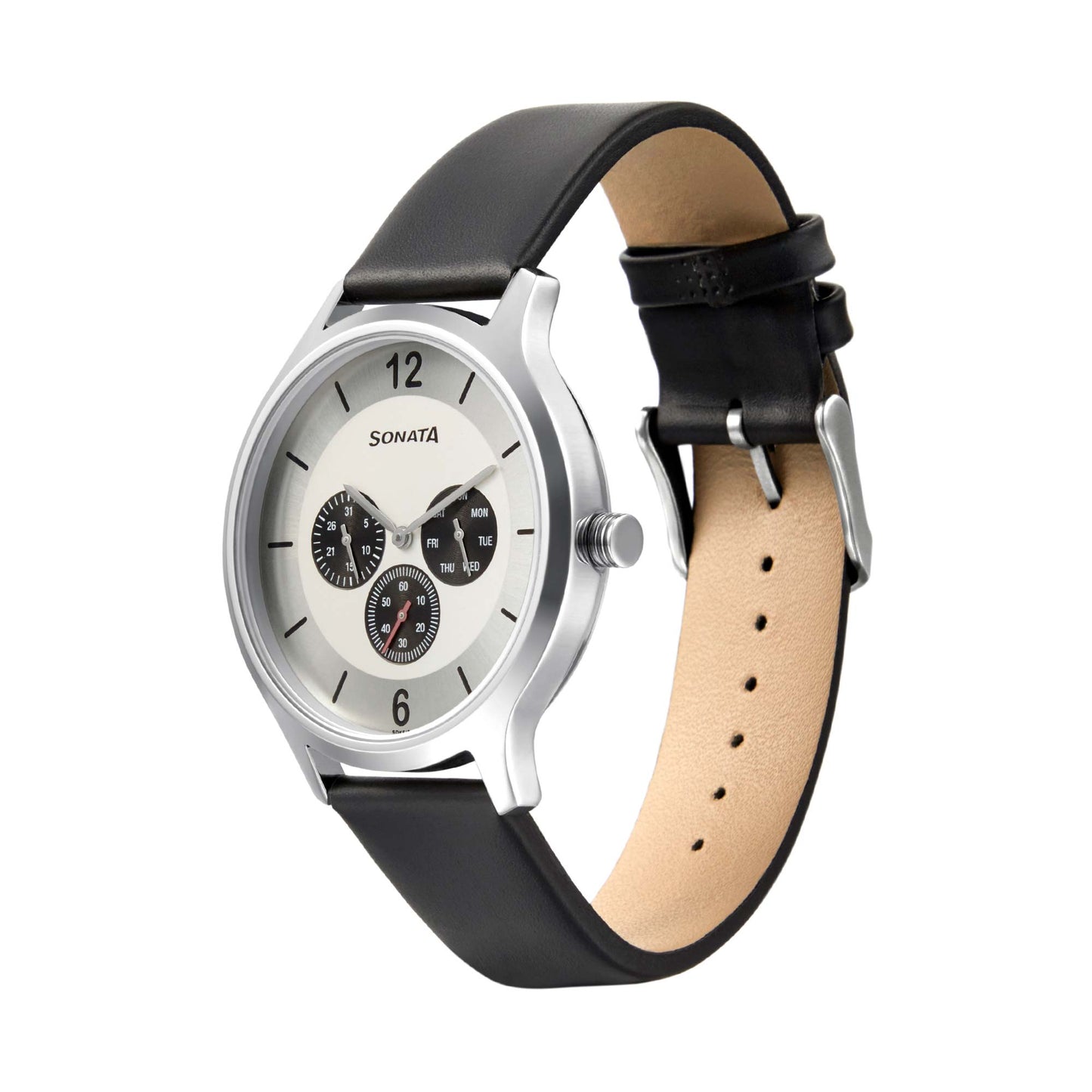 Sonata Quartz Analog Silver Dial Leather Strap Watch for Men