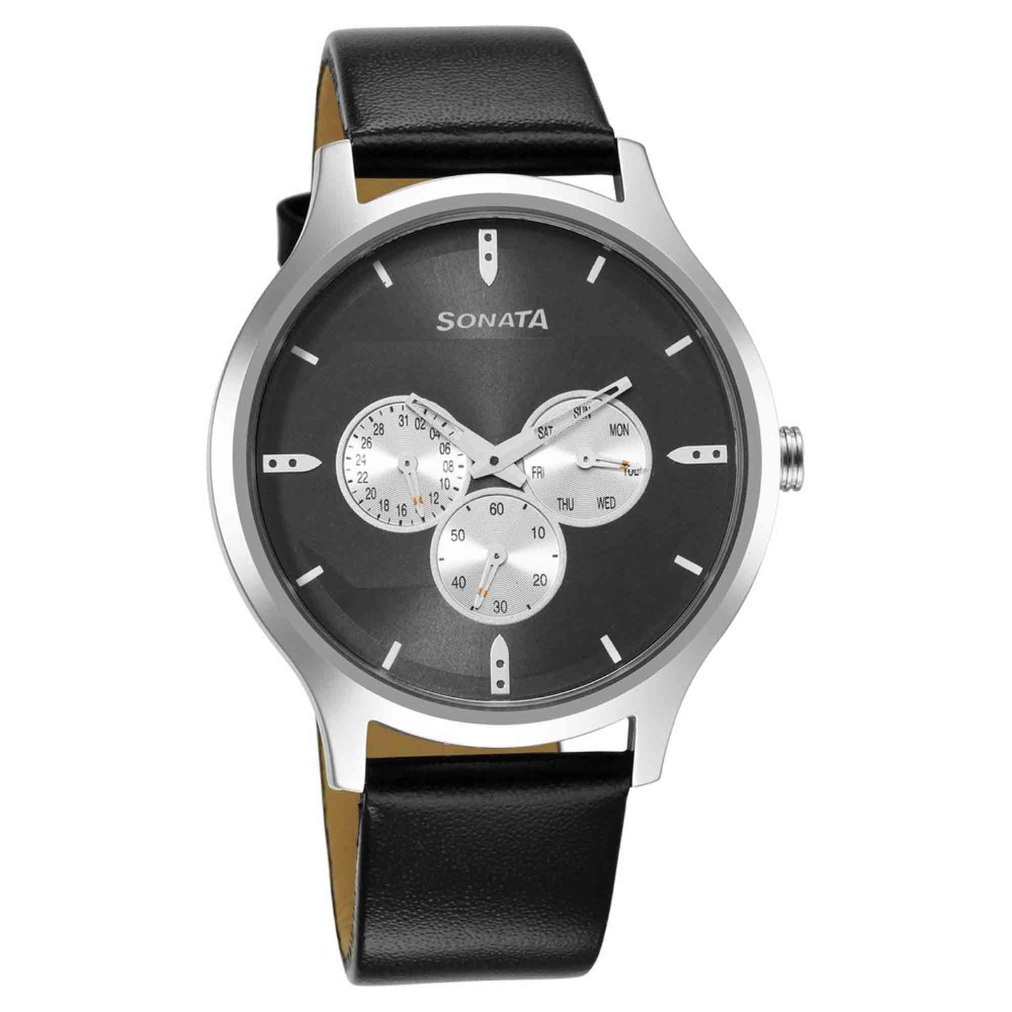 Sonata Quartz Multifunction Black Dial Leather Strap Watch for Men