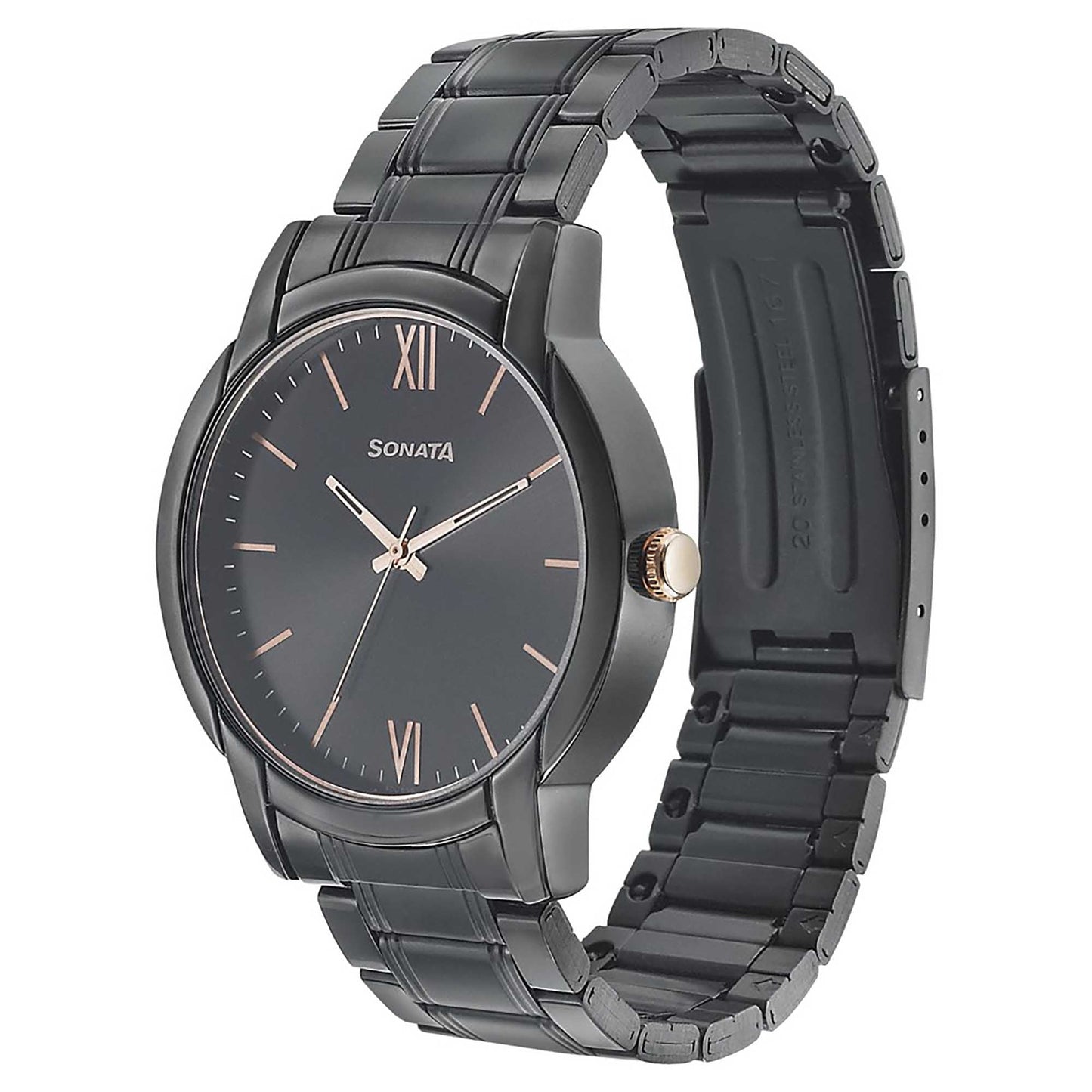 Sonata Quartz Analog Black Dial Metal Strap Watch for Men