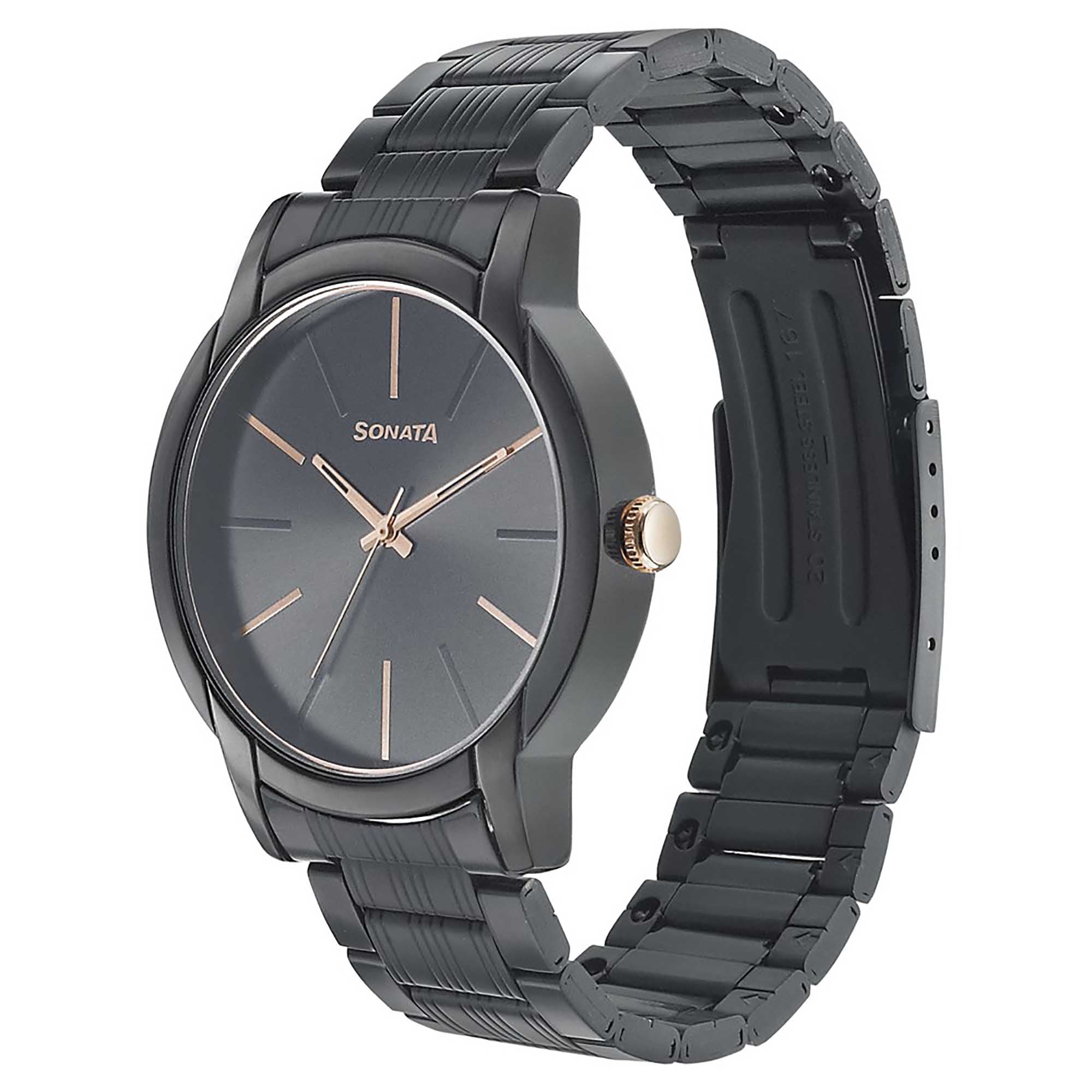 Sonata Quartz Analog Black Dial Metal Strap Watch for Men