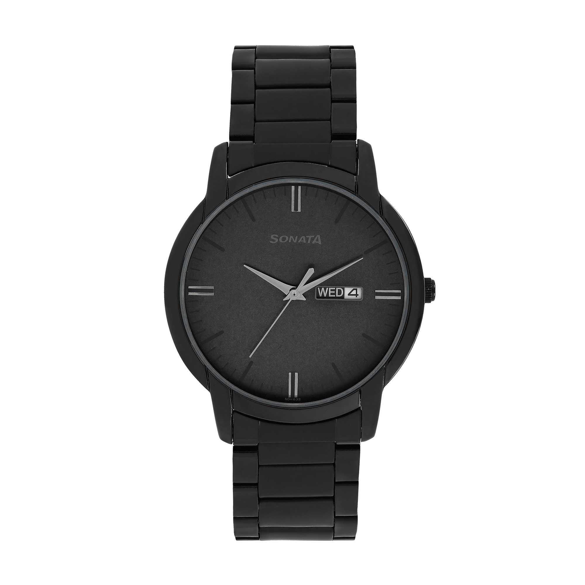 Sonata Quartz Analog with Day and Date Black Dial Stainless Steel Strap Watch for Men