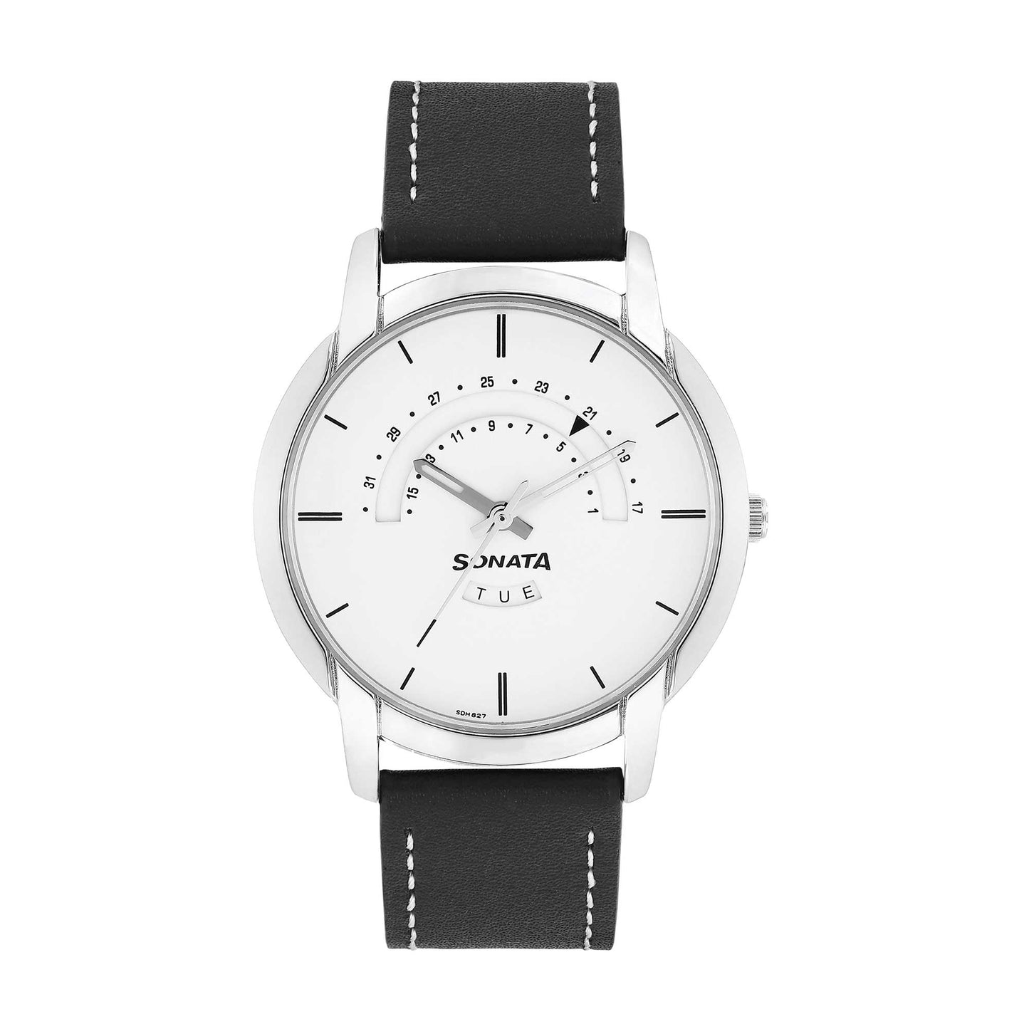 Sonata Quartz Analog with Day and Date White Dial Leather Strap Watch for Men