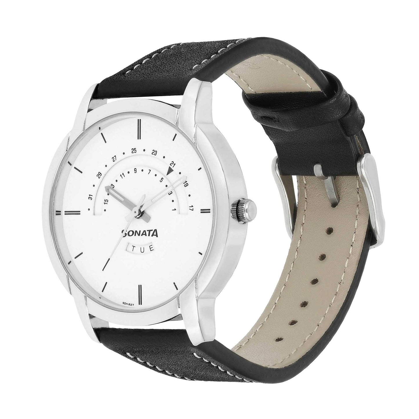 Sonata Quartz Analog with Day and Date White Dial Leather Strap Watch for Men
