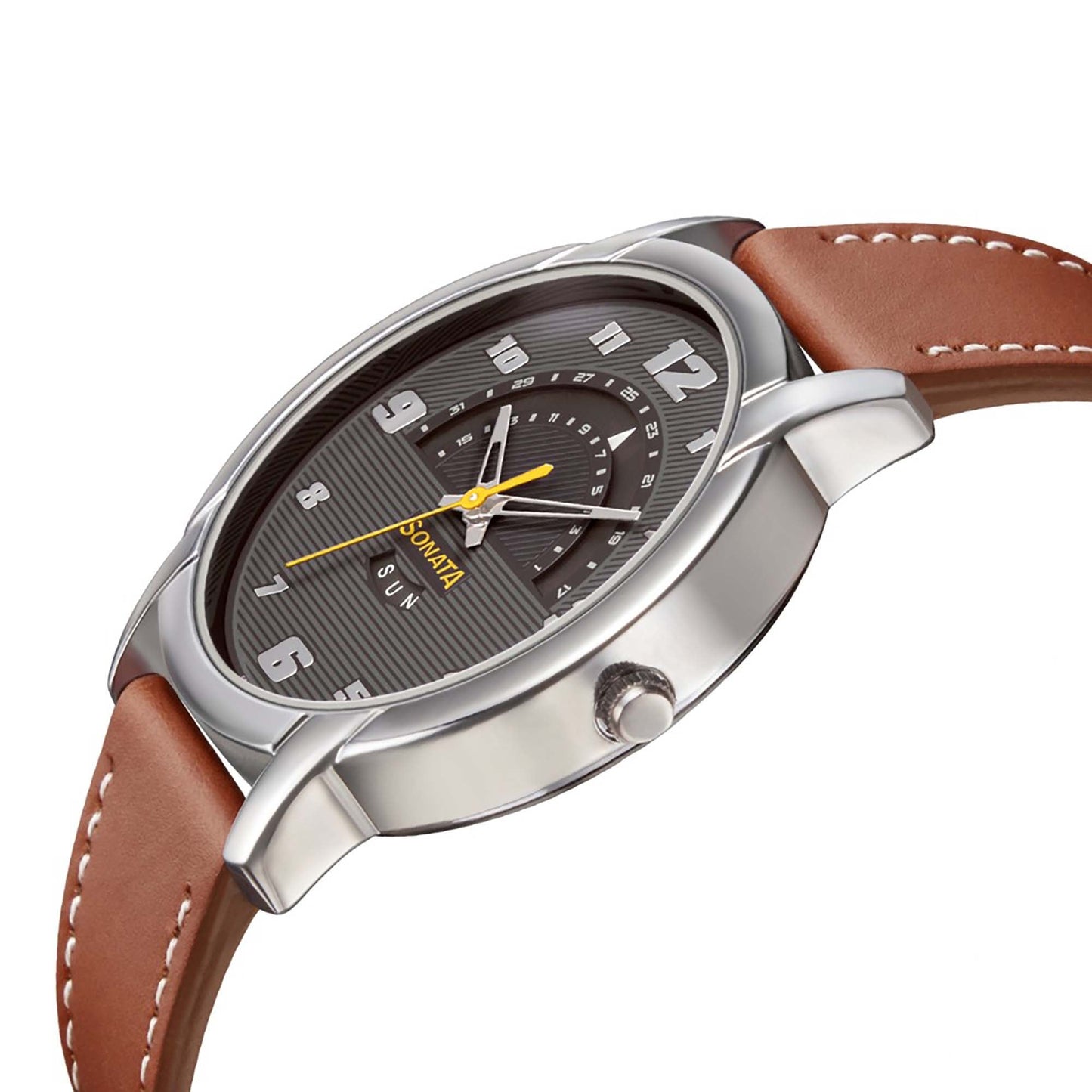 Sonata Quartz Analog with Day and Date Anthracite Dial Leather Strap Watch for Men