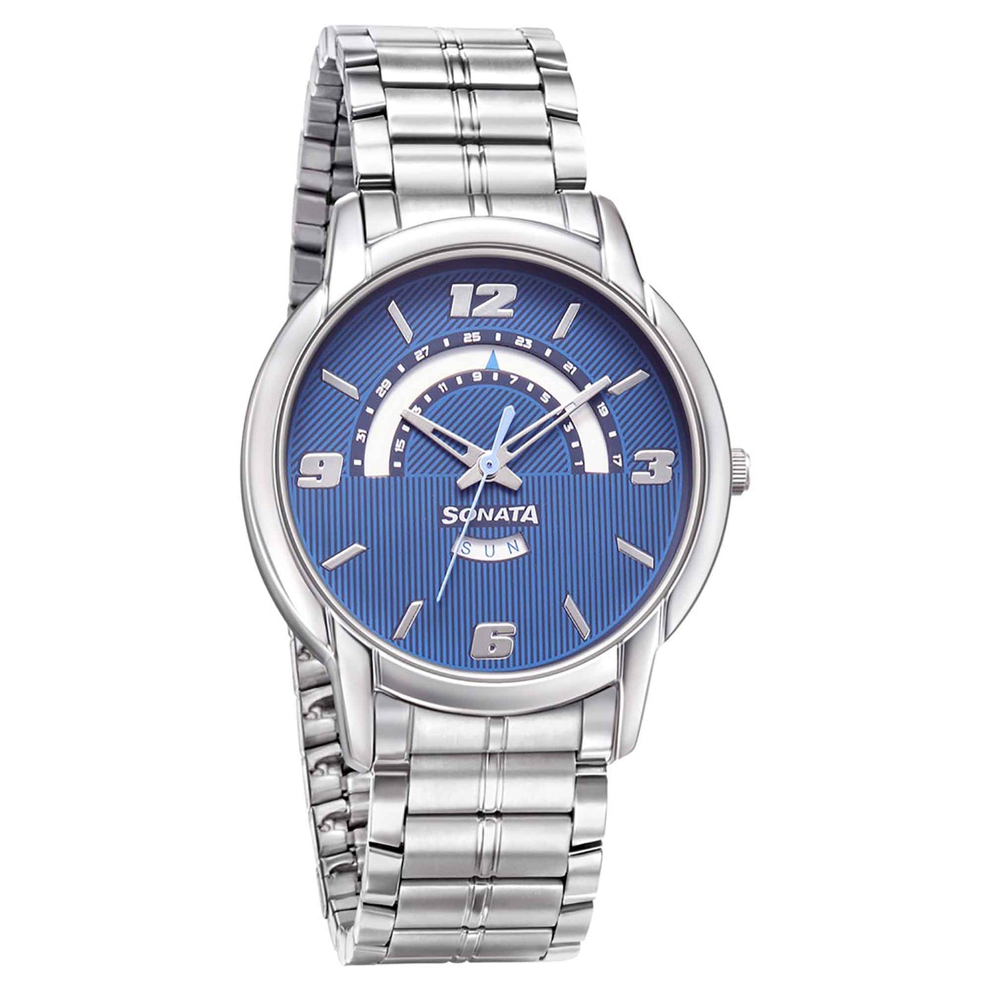 Sonata Quartz Analog with Day and Date Blue Dial Metal Strap Watch for Men