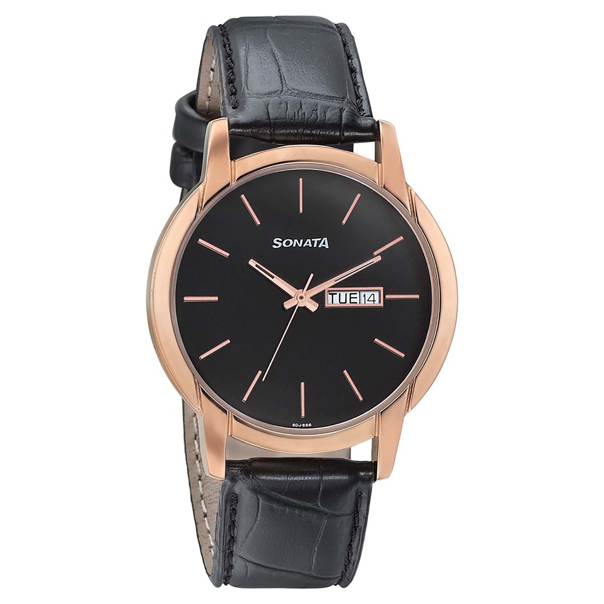 Sonata Quartz Analog with Day and Date Black Dial Leather Strap Watch for Men