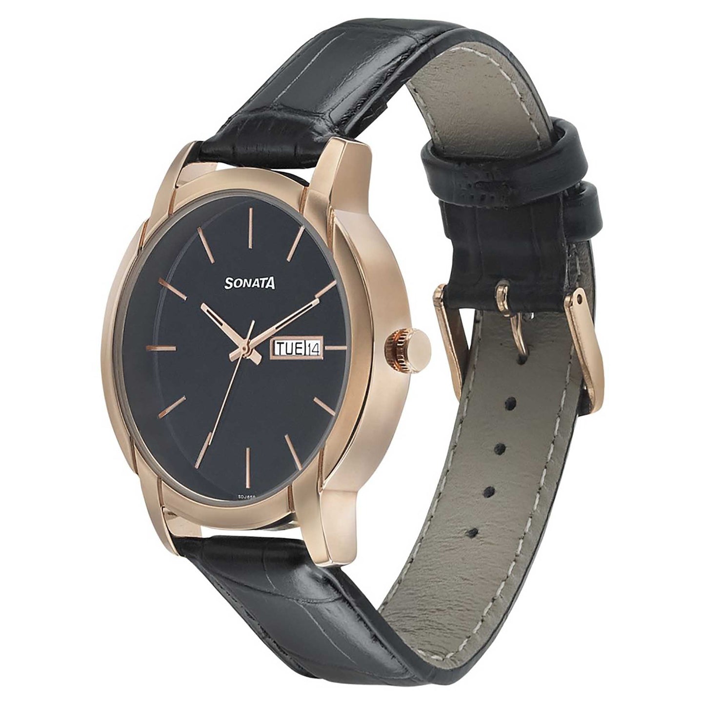 Sonata Quartz Analog with Day and Date Black Dial Leather Strap Watch for Men