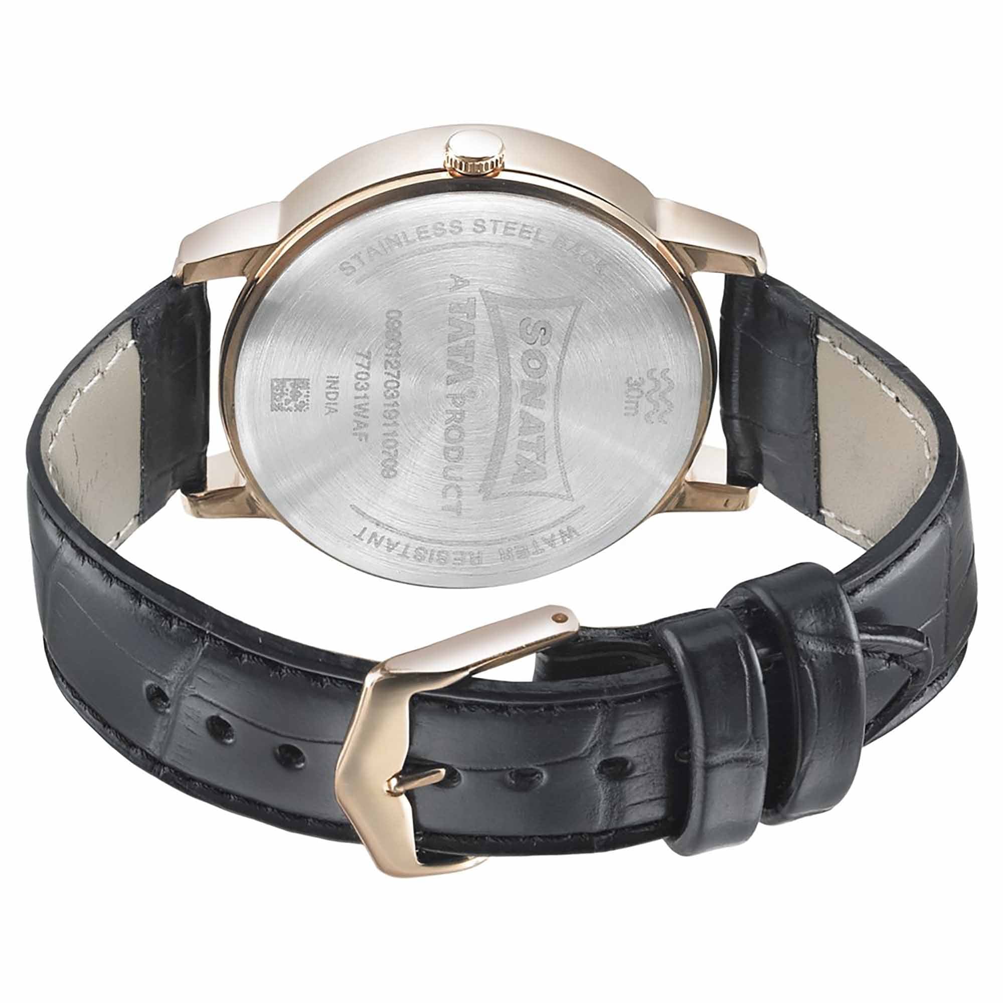 Sonata Quartz Analog with Day and Date Black Dial Leather Strap Watch for Men