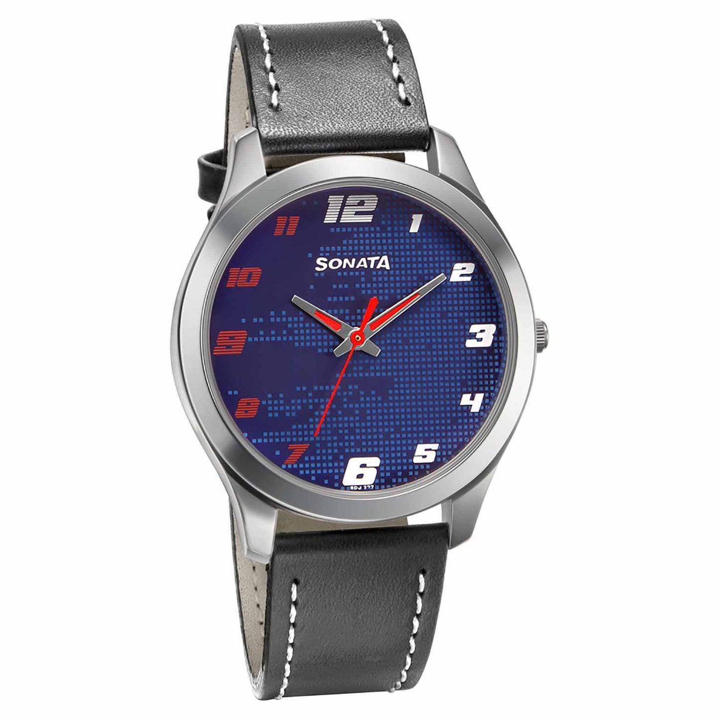 Sonata Quartz Analog Blue Dial Leather Strap Watch for Men