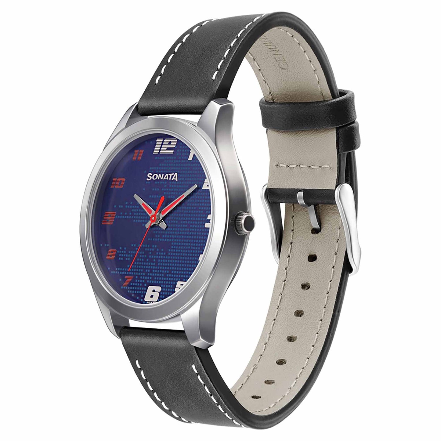 Sonata Quartz Analog Blue Dial Leather Strap Watch for Men